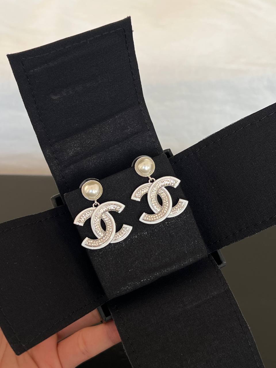 CHANEL Pearl Drop White Enamel Crystal Interlocking CC Earrings