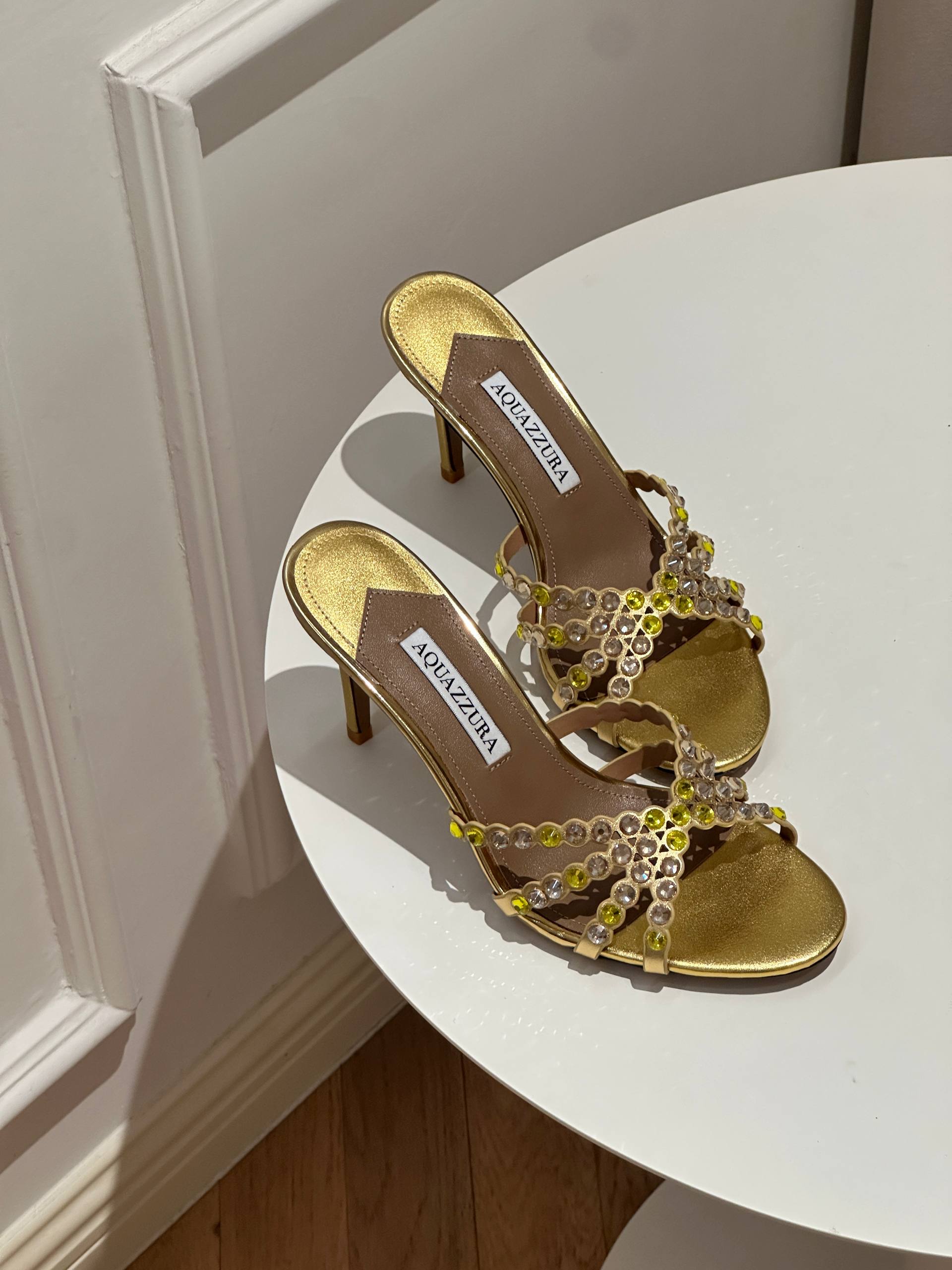 Aquazzura Tequila Mule 75 Crystal-Embellished Gold Leather Sandals