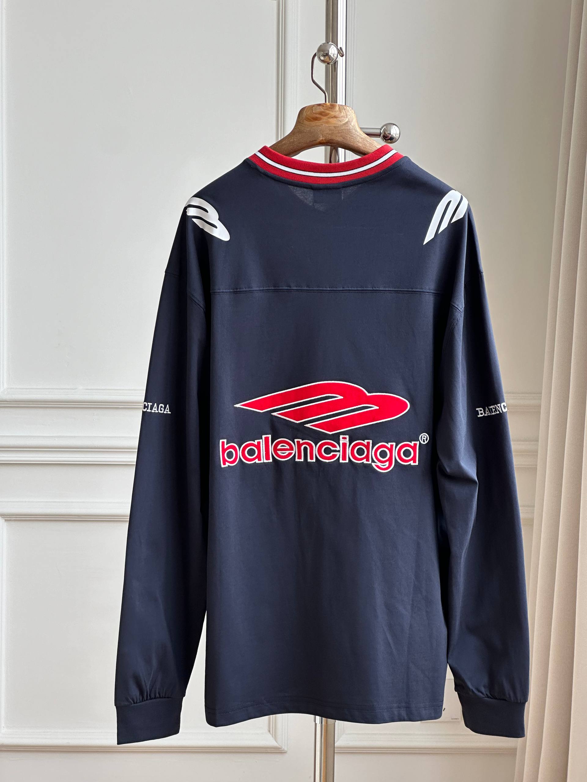 Balenciaga B Logo Racing Stripe Collar Long Sleeve Jersey Tee