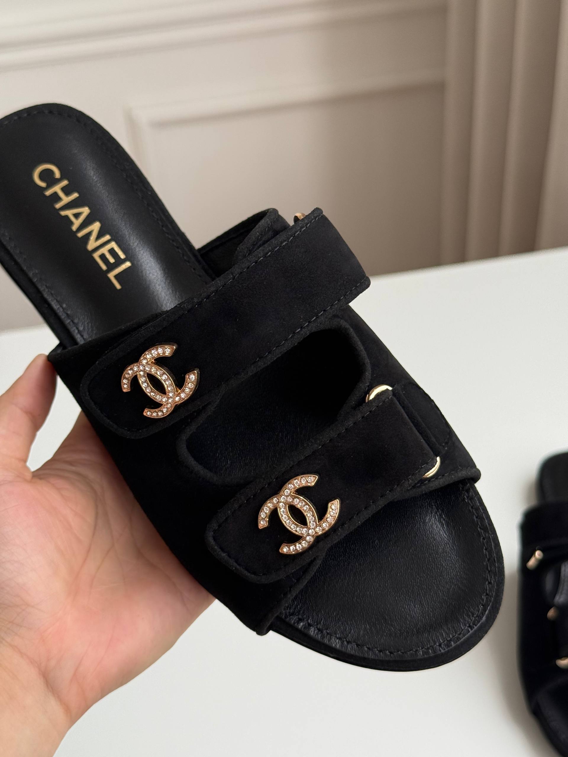 Chanel Suede Double Strap Slide Sandals with Crystal CC Turnlocks
