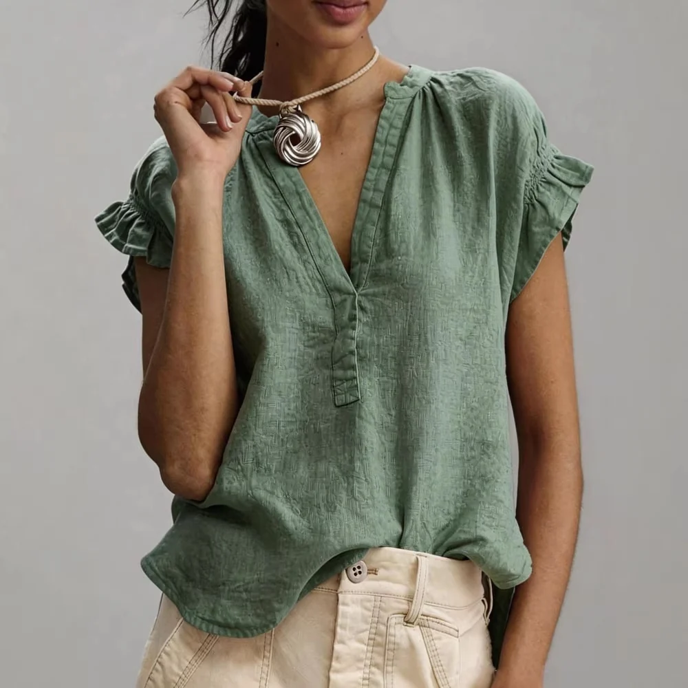 Blouse Décontractée en Coton et Lin – Col en V et Manches Volantées