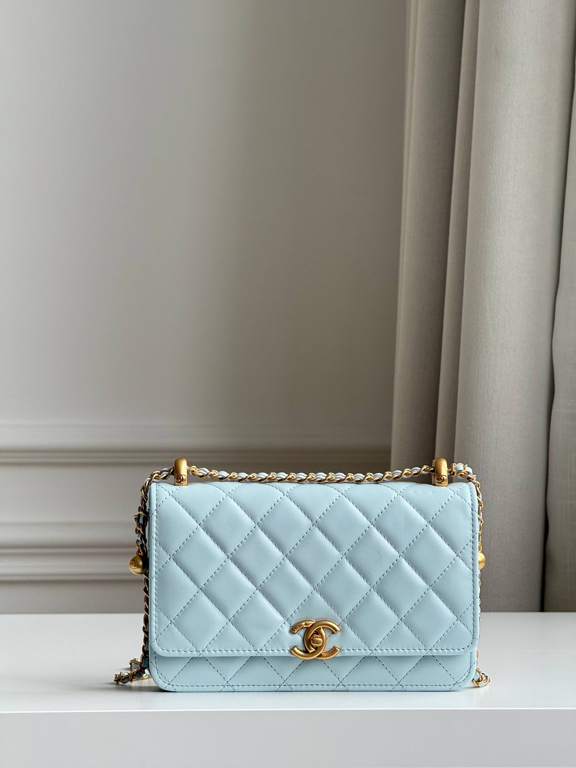 Chanel Pale Blue Lambskin Gold Bead Crossbody Bag