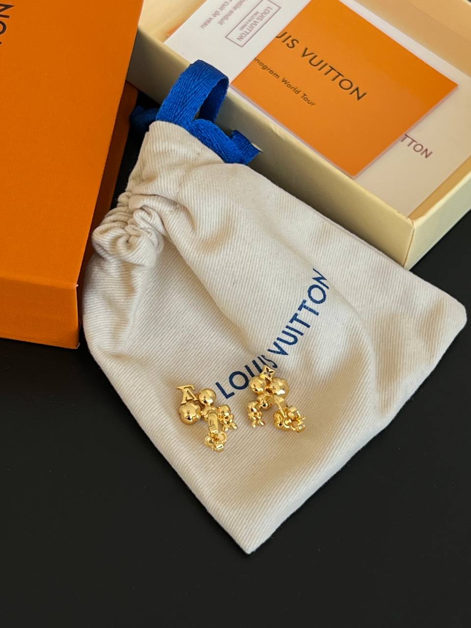 Louis Vuitton Gold Metal Color Enamel Flower Pearl Crystal LV Logo Earrings
