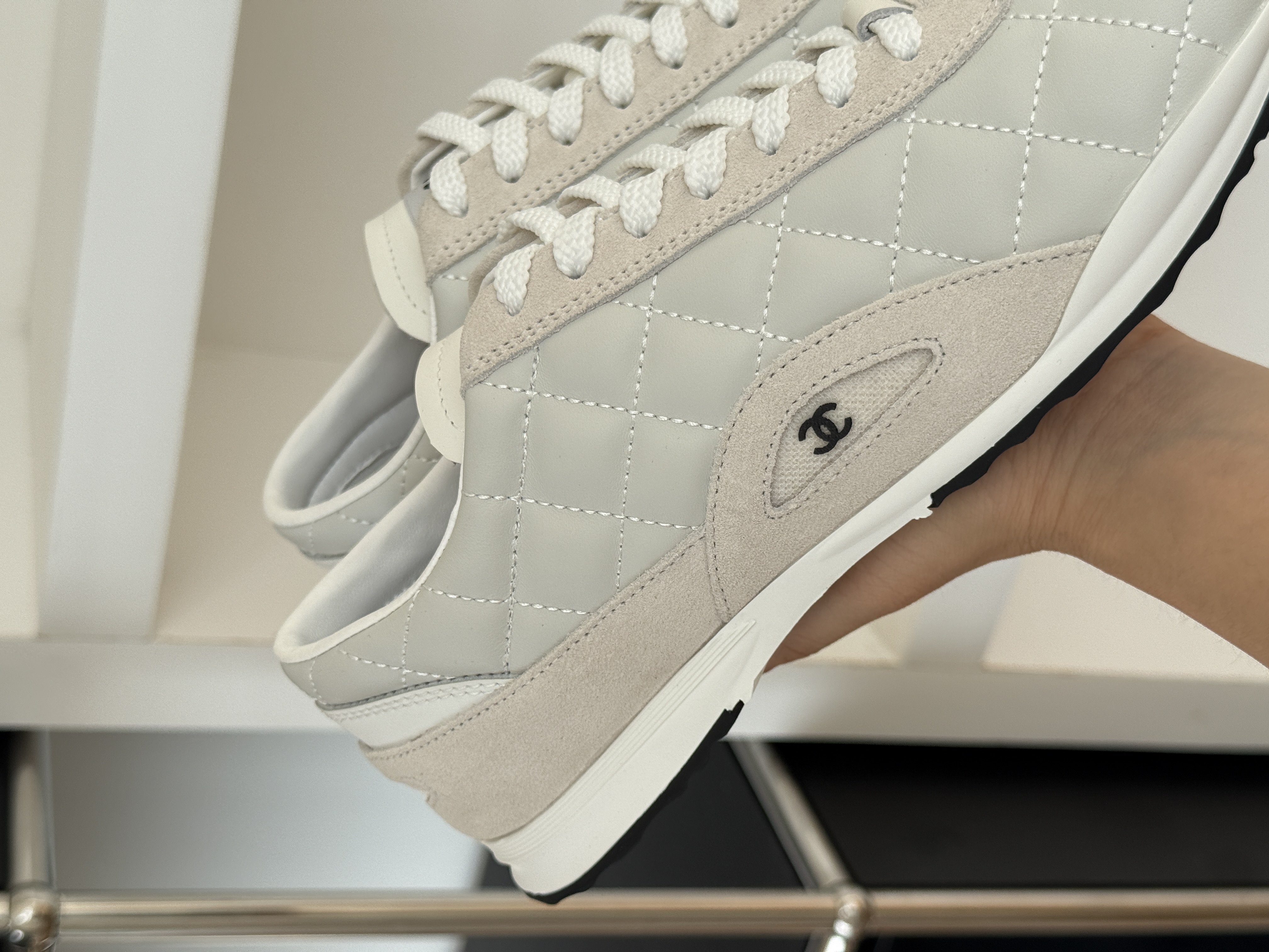 Chanel Quilted Lambskin Suede Trim Lace-Up Trainer Sneakers