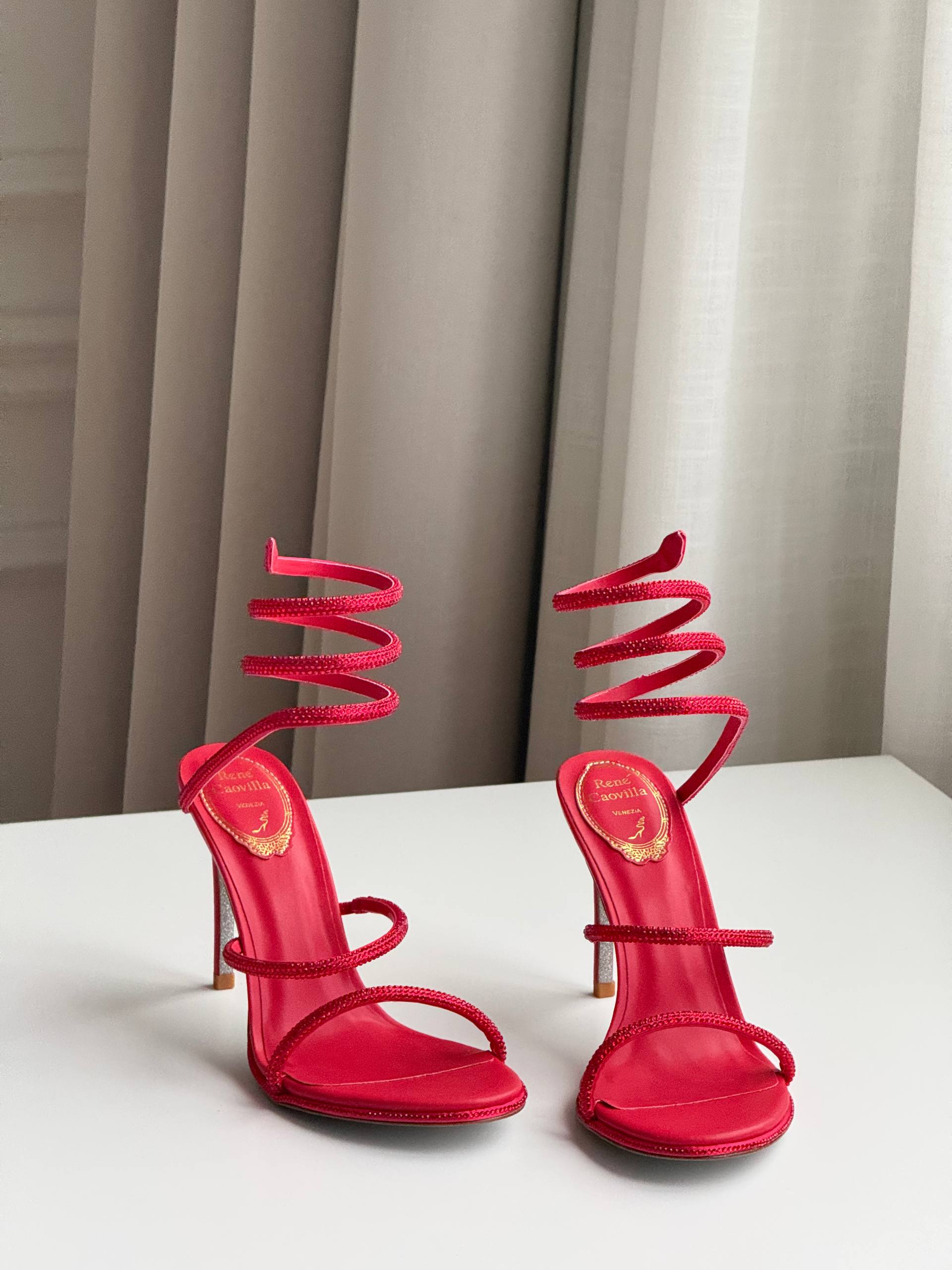 Bright Red Rhinestone Coiled Ankle Wrap Open Toe Stiletto Sandals