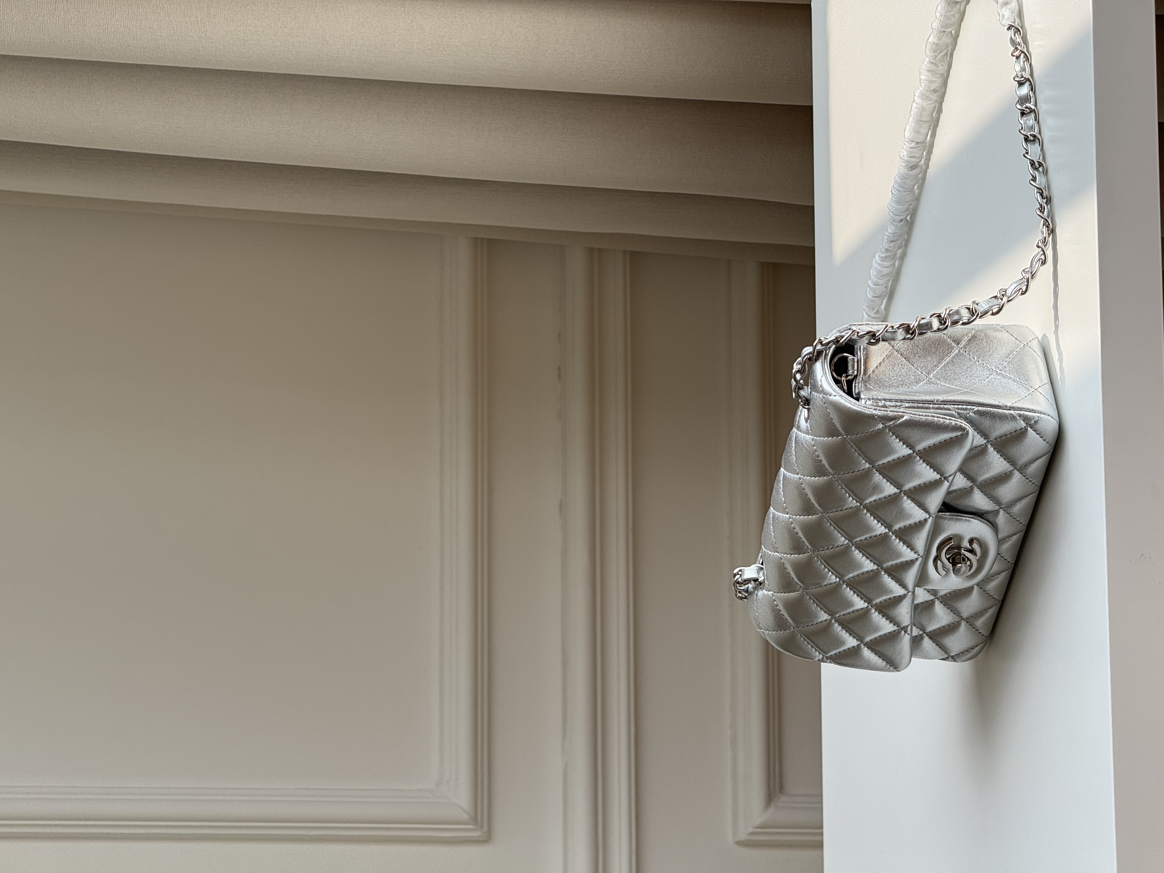 Chanel Silver Metallic Lambskin Mini Classic Flap Silver CC Chain Bag