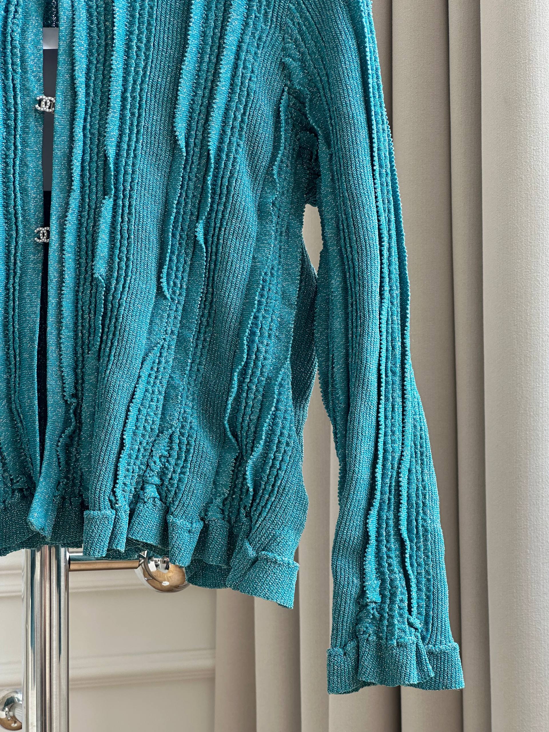 Chanel Peacock Blue Textured Knit Cardigan with CC Buttons