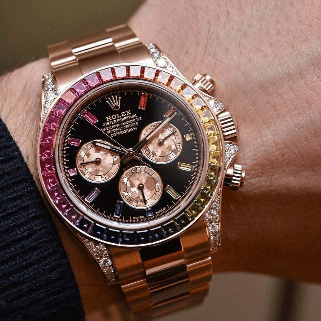 Rolex Daytona Rainbow 116595RBOW: Black Dial, Diamond Bezel, Oyster Bracelet, Rose Gold Watch【1:1 Replica】