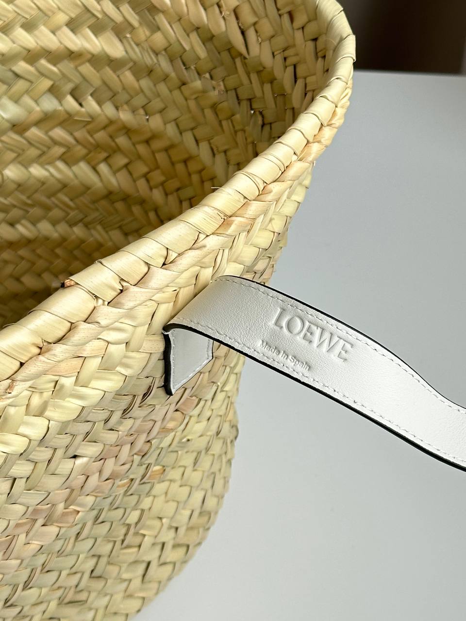 LOEWE Natural Palm Leaf & Off-White Leather Anagram Embossed Basket Tote Bag
