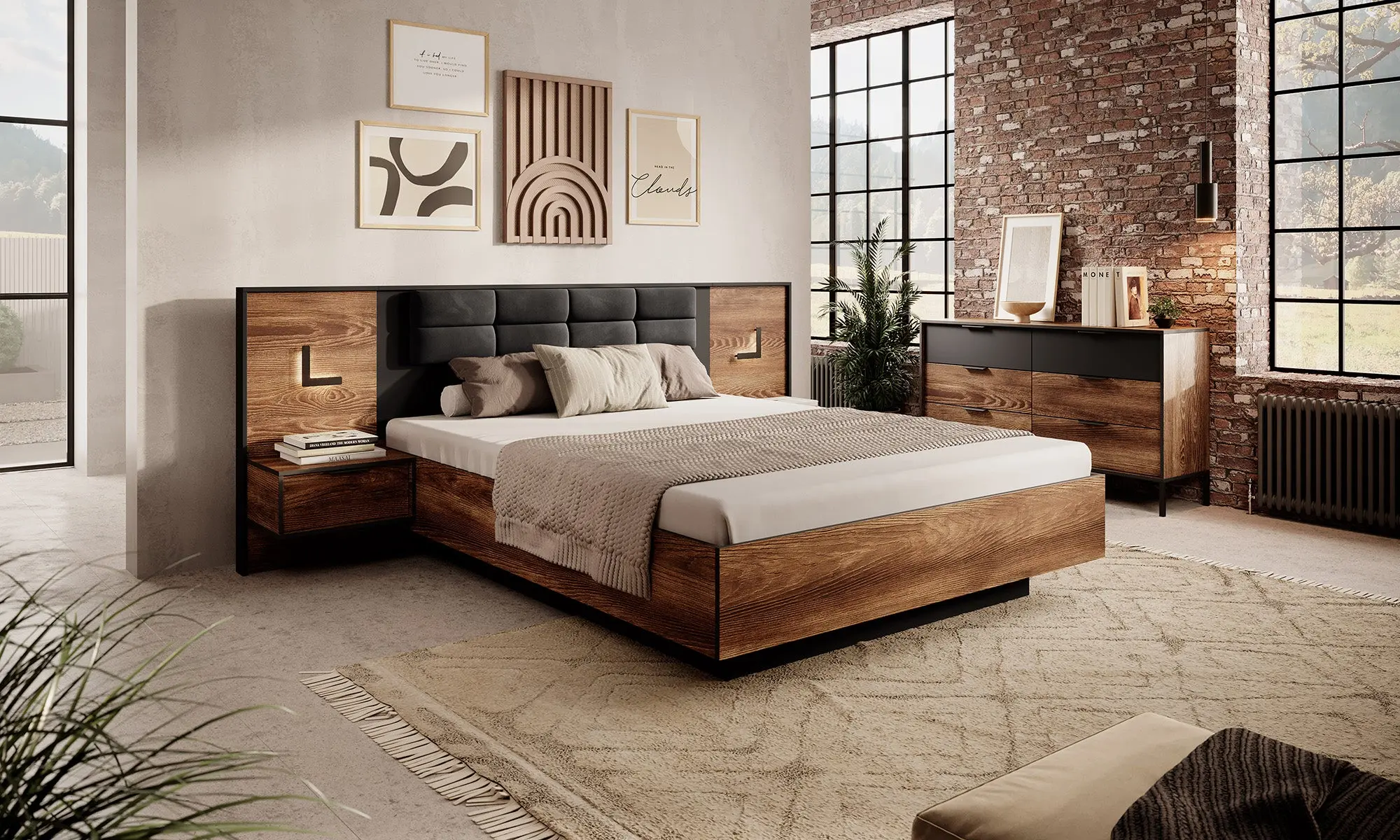 MILTON - Chambre complète adulte moderne avec lit coffre 160 × 200 cm, chevets intégrés, commode et armoire.