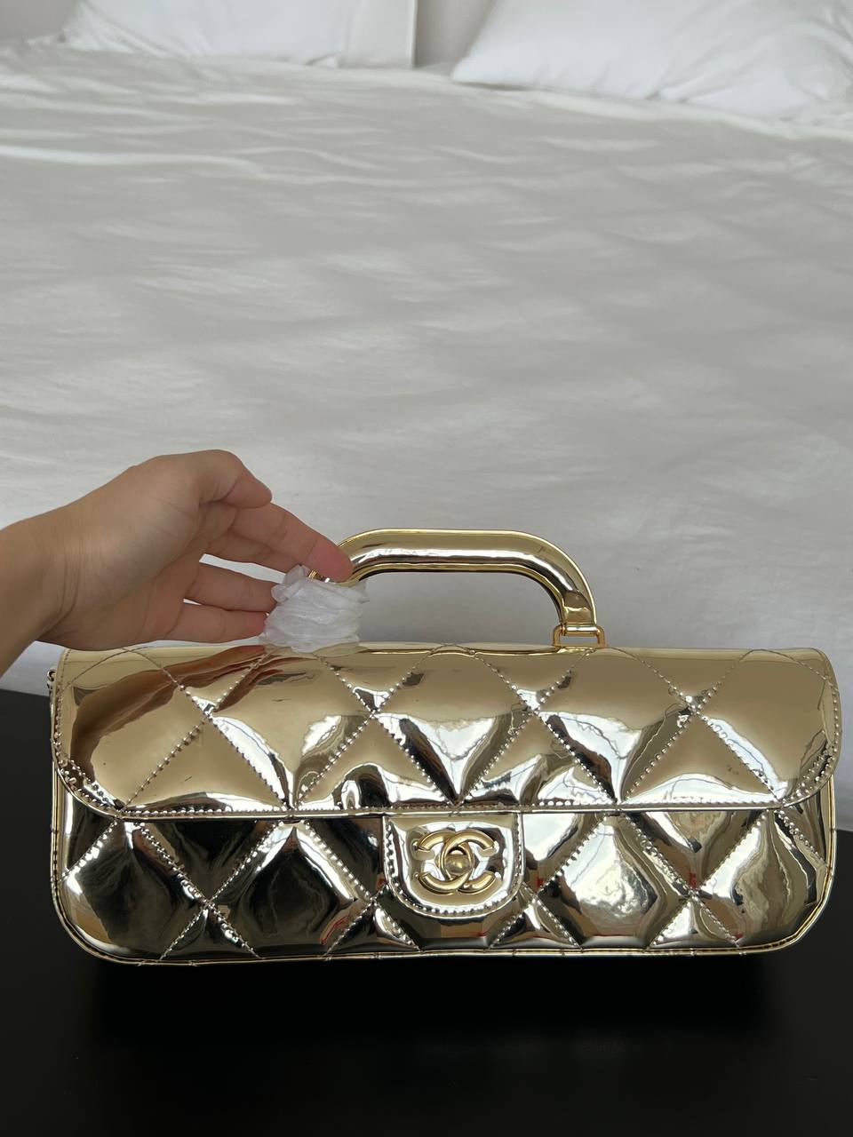 Chanel Gold Mirror Metallic Leather Long Kelly Top Handle Bag