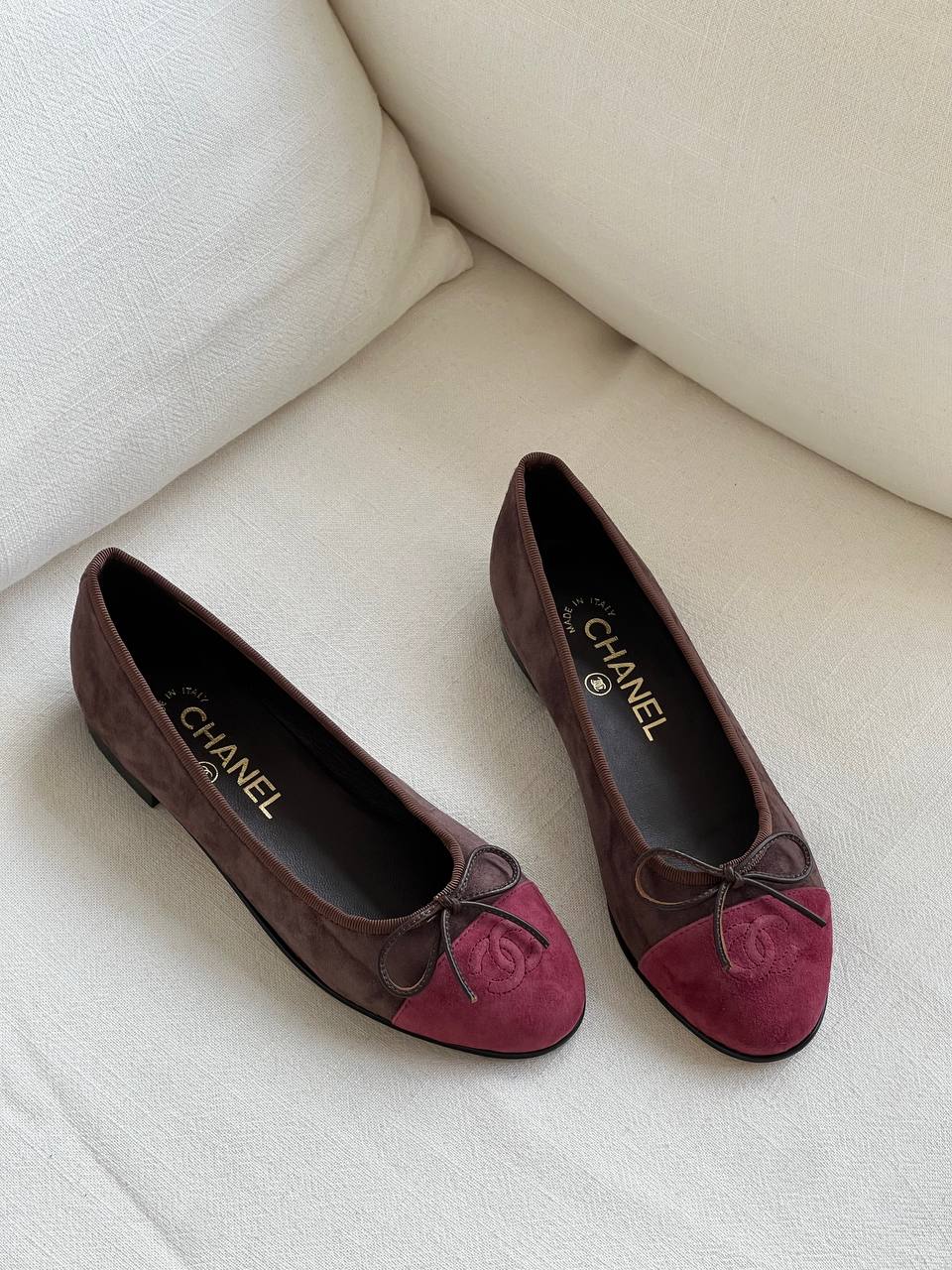 Chanel Dark Brown & Wine Red Contrast Suede Bow CC Logo Flat Ballet Flats