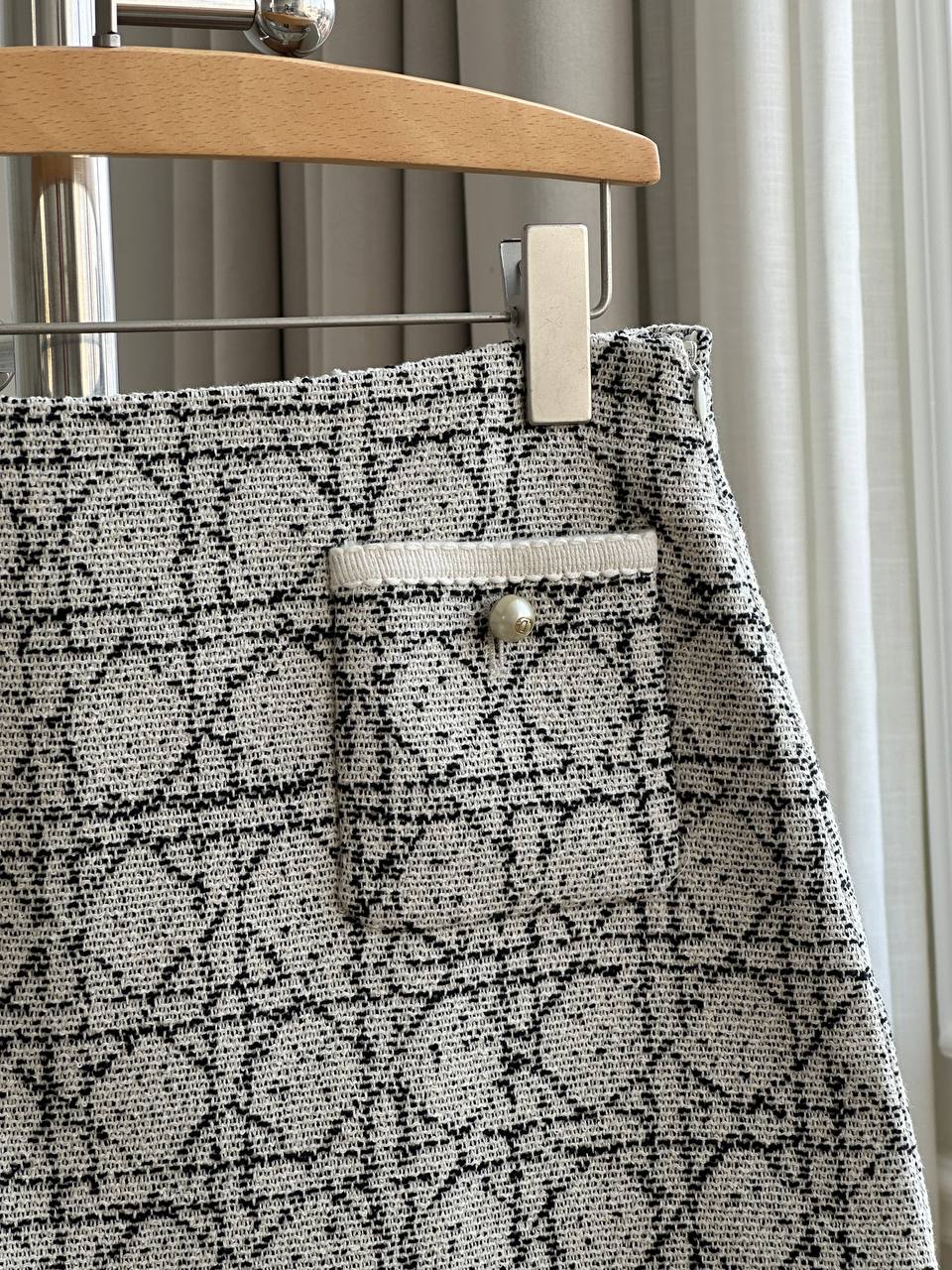 Black & White Tweed High-Waist A-Line Mini Skirt With Double Pearl Button Pockets