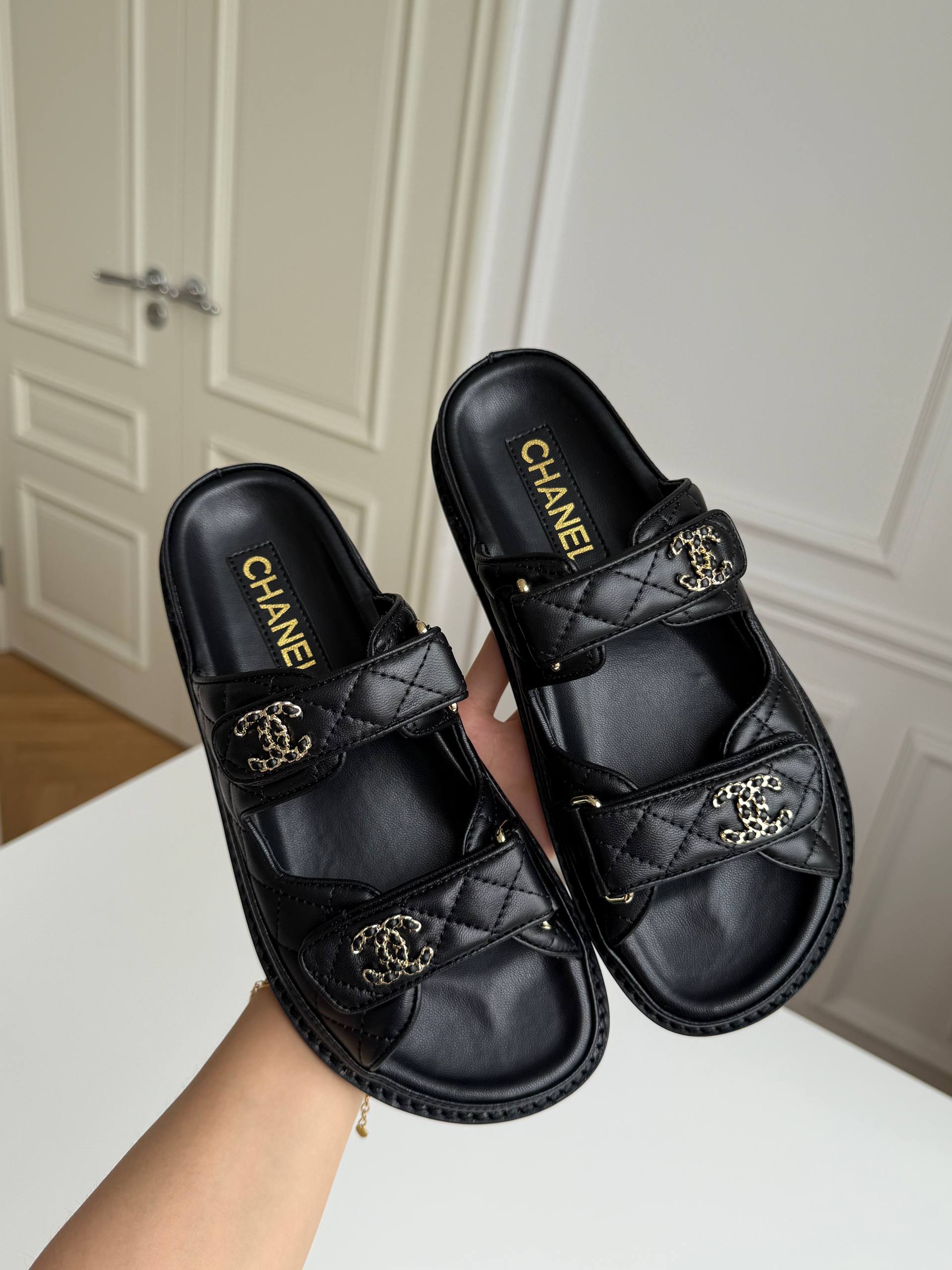 Chanel Quilted CC Logo Strap Platform Slide Sandals