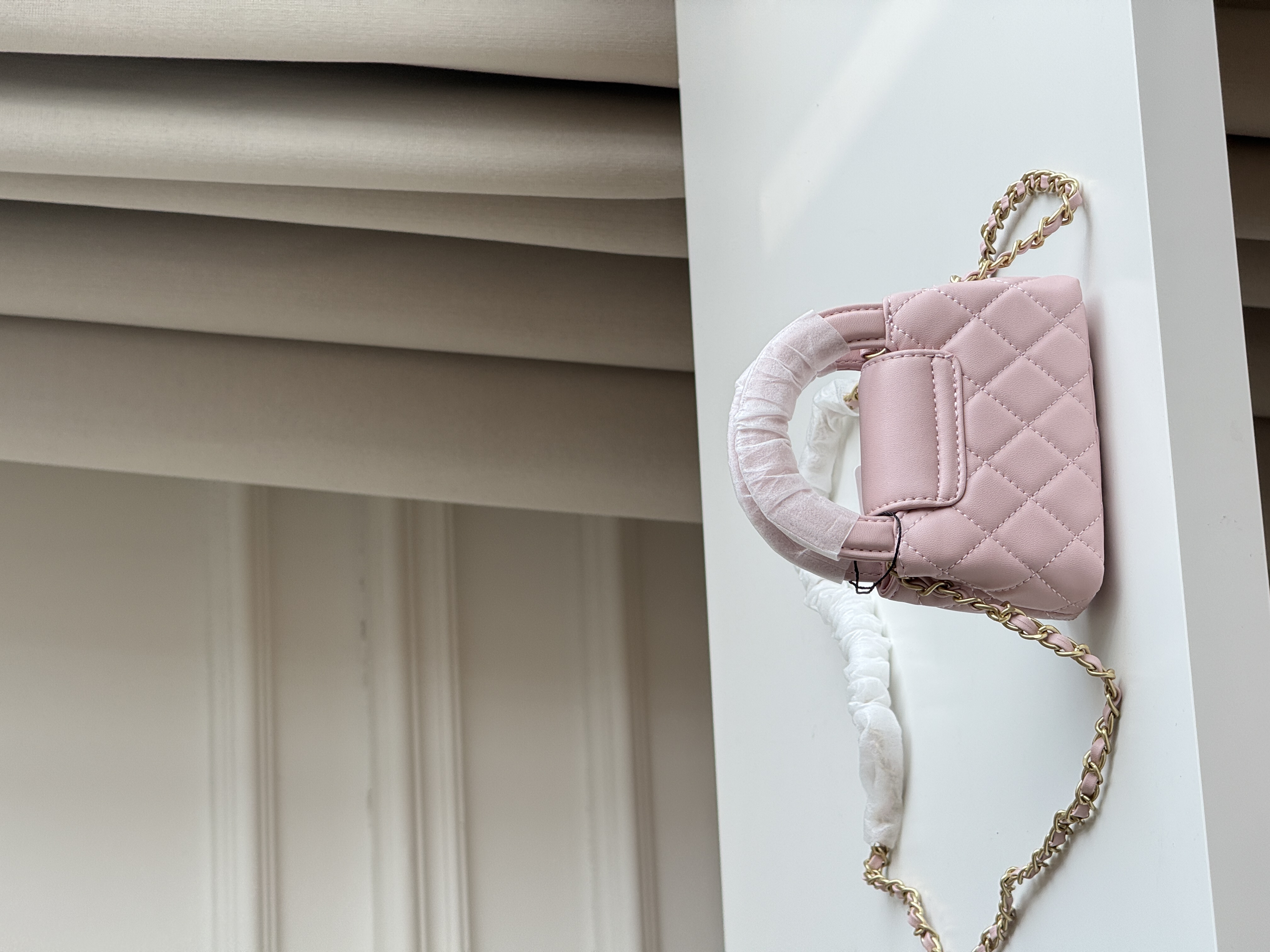Chanel Cherry Blossom Pink Smooth Lambskin Mini Top Handle Quilted Crossbody Bag With Gold CC Turnlock