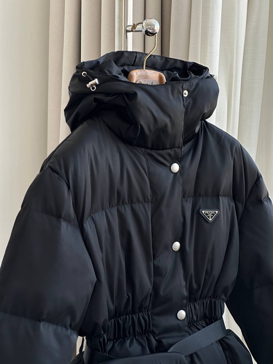 Prada Black Windproof Nylon Hooded Drawstring Waist Triangle Logo Mid-Length Down Jacket With Matching Waist Bag