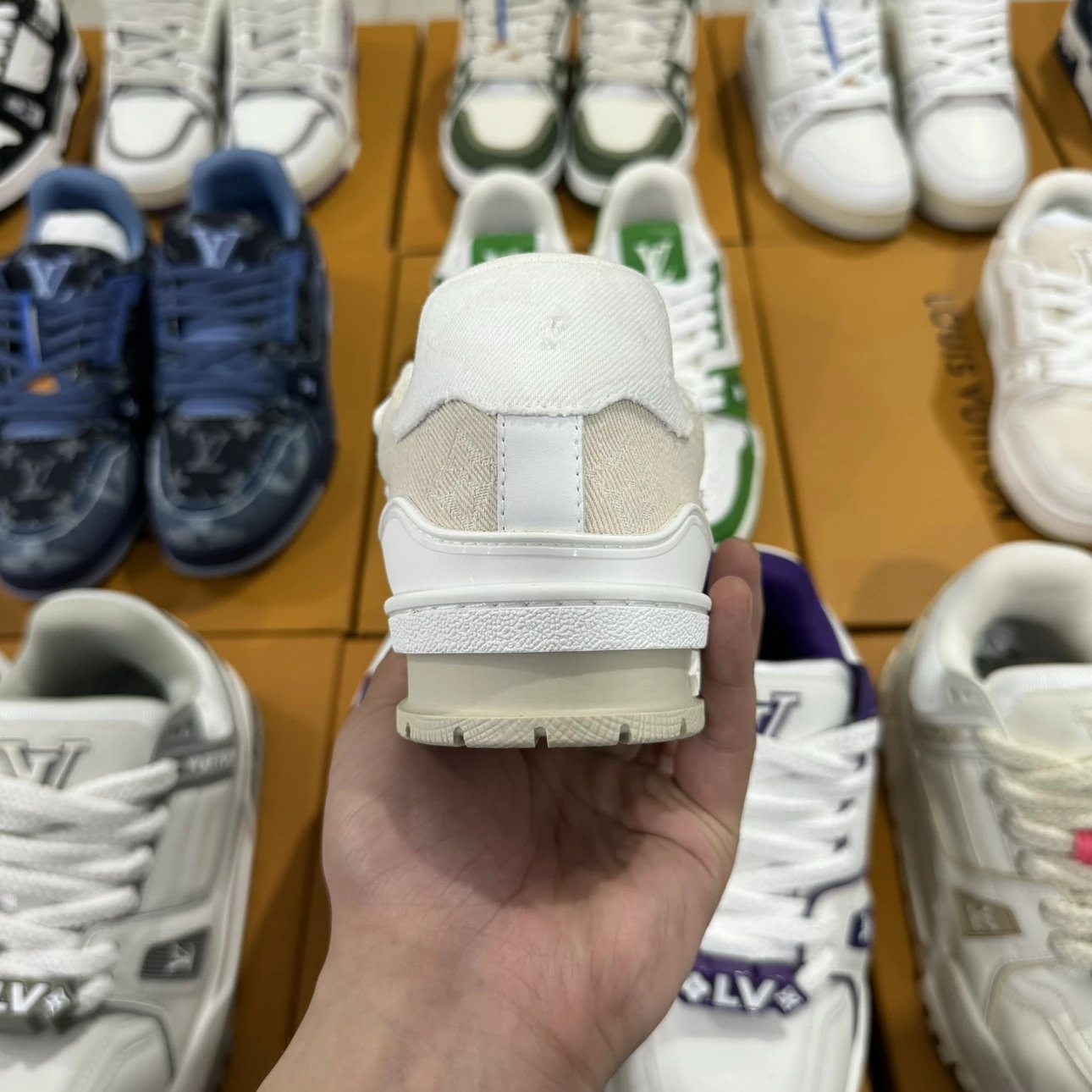 LV Trainer Full Print Logo Denim Beige Color