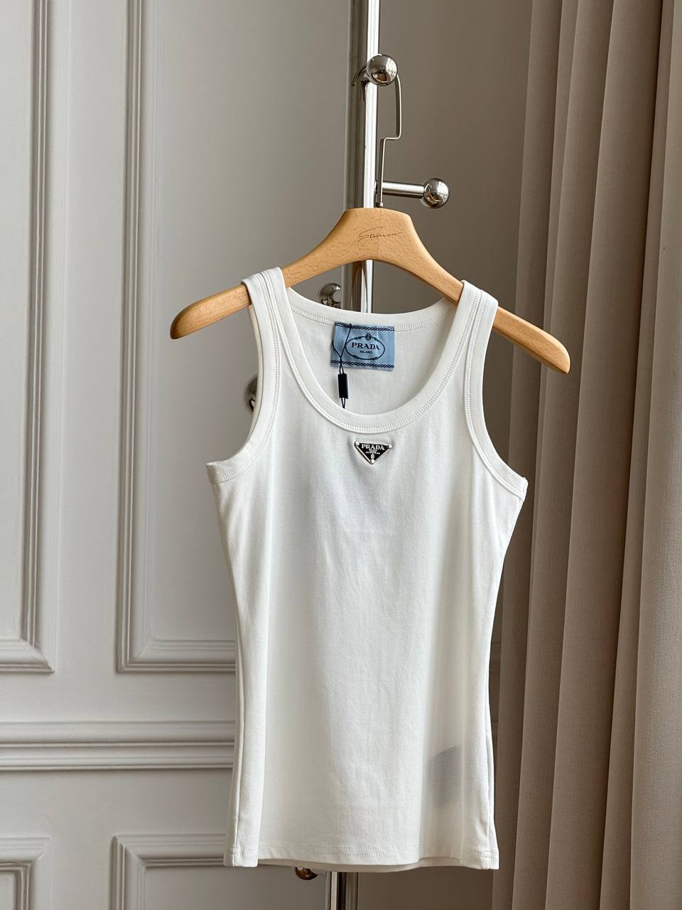 Prada Ribbed Cotton Tank Top with Triangular Logo Plaque