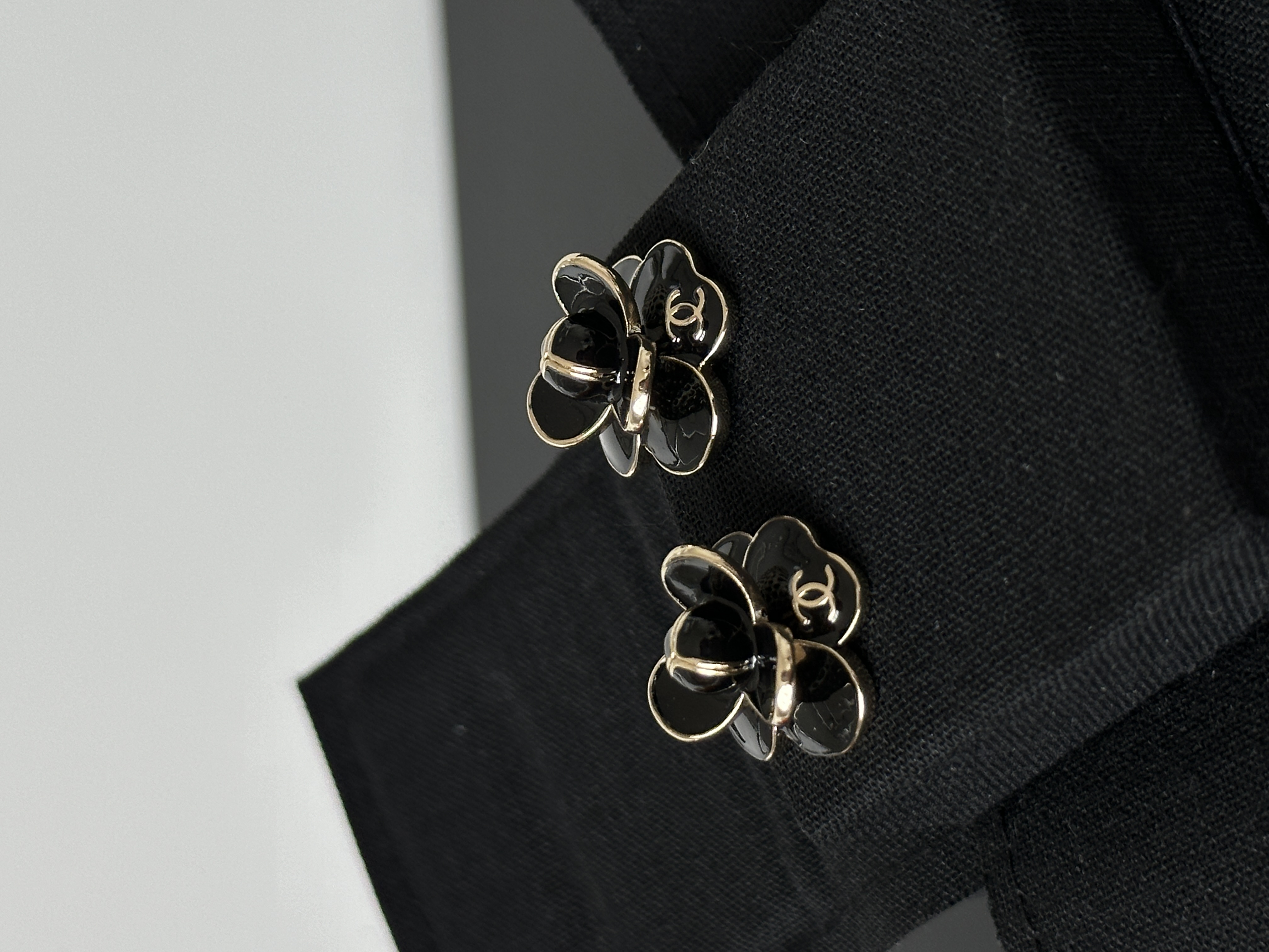 CHANEL Black Enamel Camellia CC Logo Stud Earrings