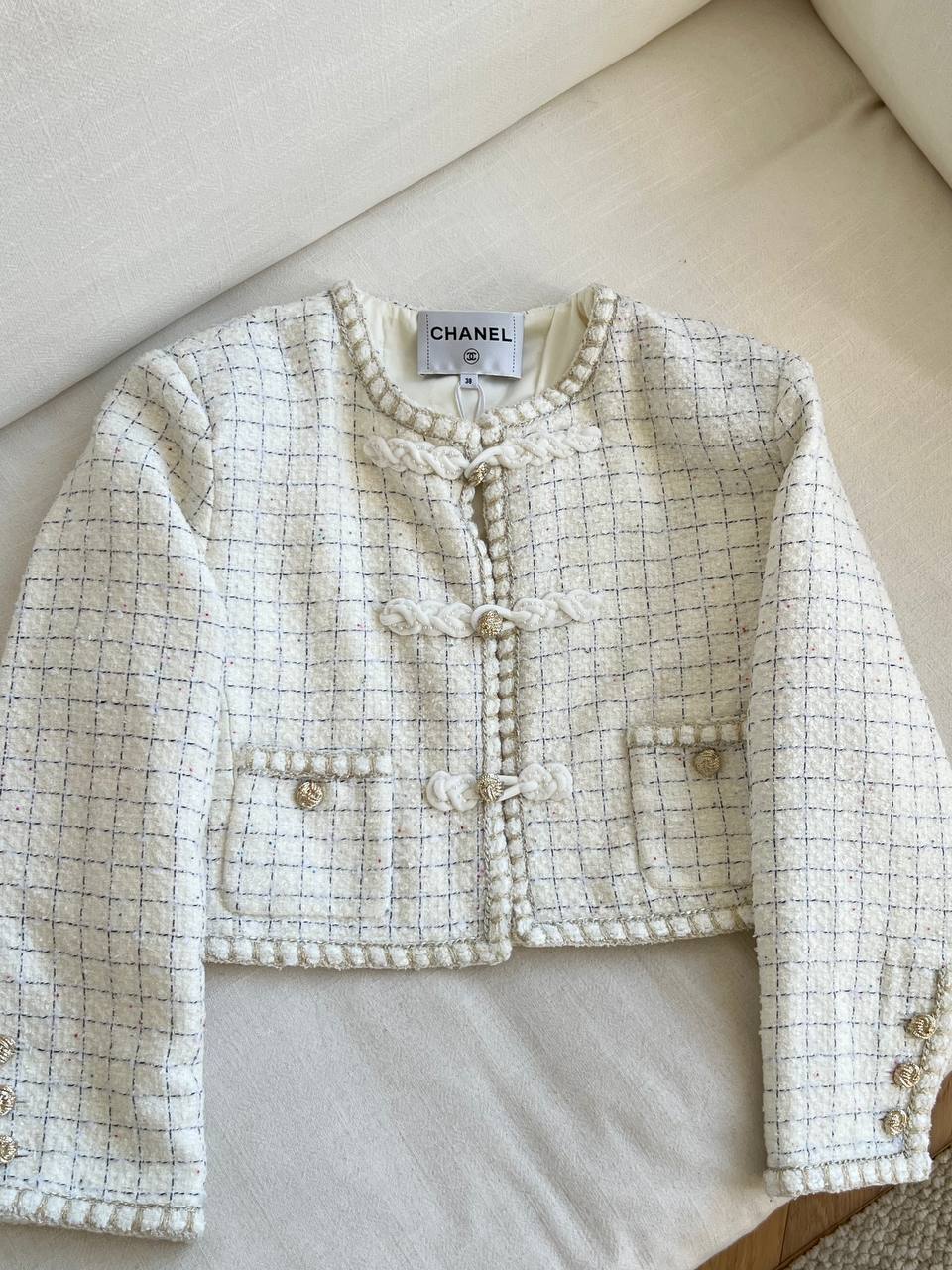 Chanel Grid Tweed Cropped Jacket With Chinese-style Frog Buttons