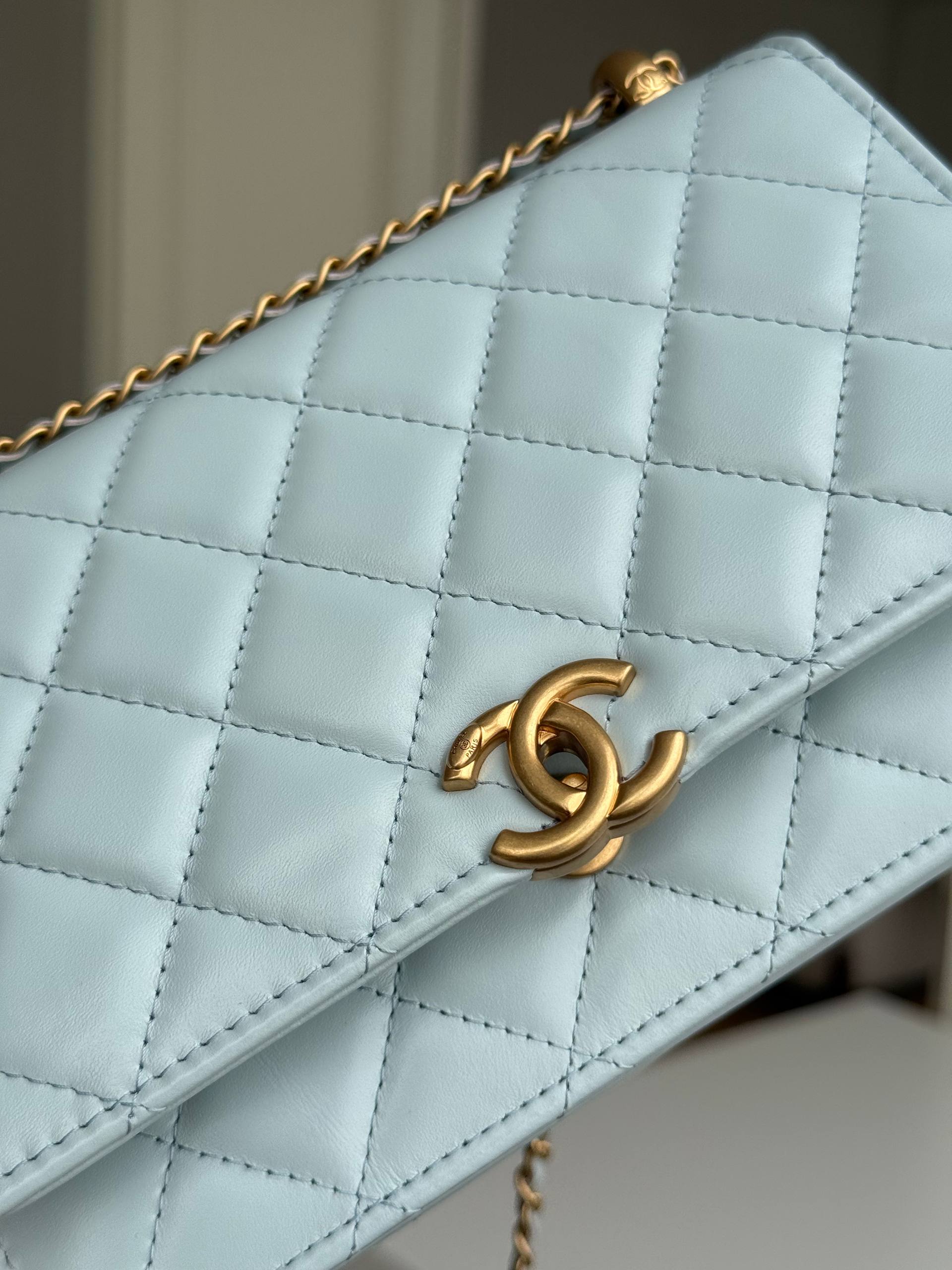 Chanel Pale Blue Lambskin Gold Bead Crossbody Bag