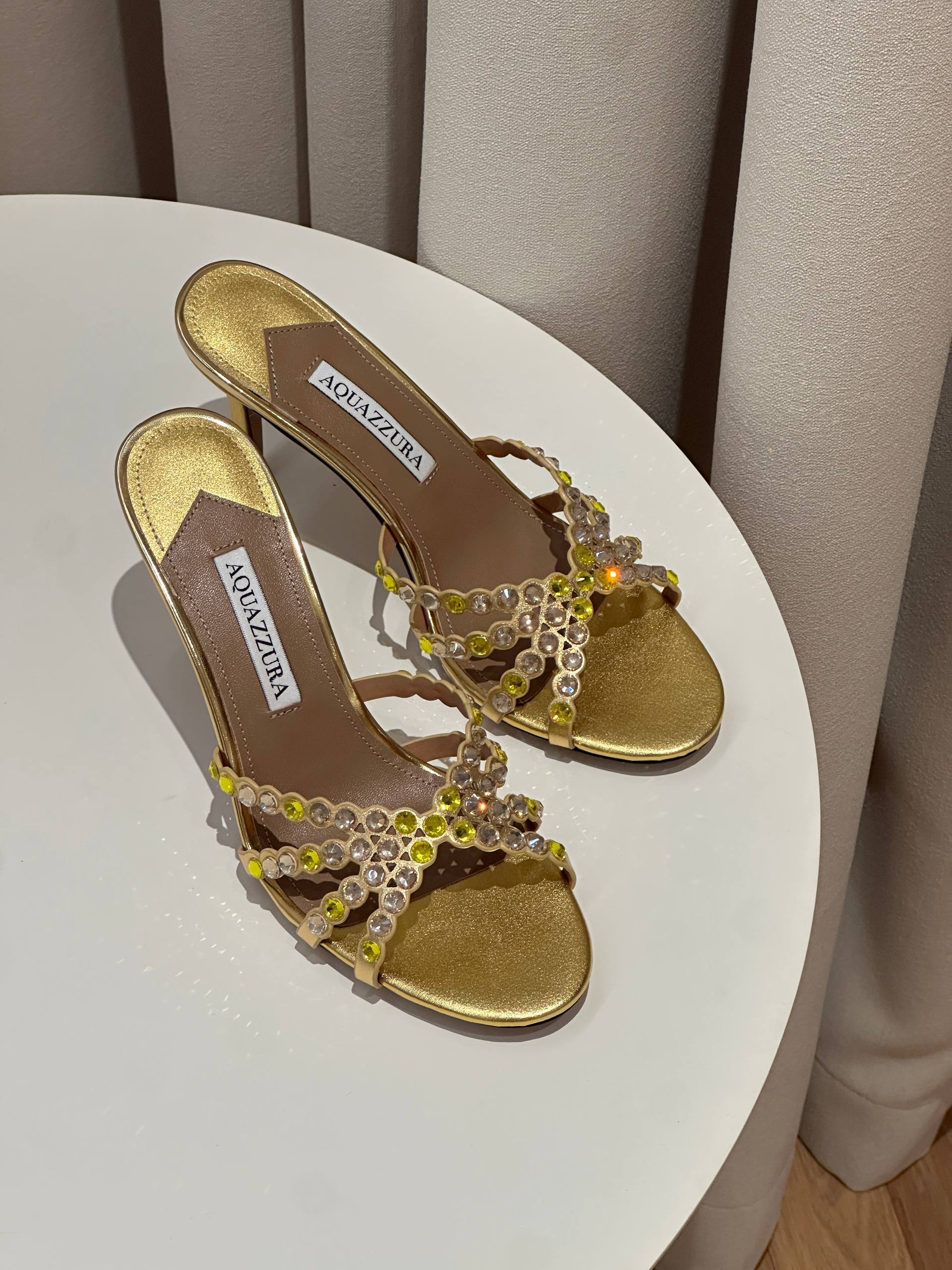 Aquazzura Tequila Mule 75 Crystal-Embellished Gold Leather Sandals