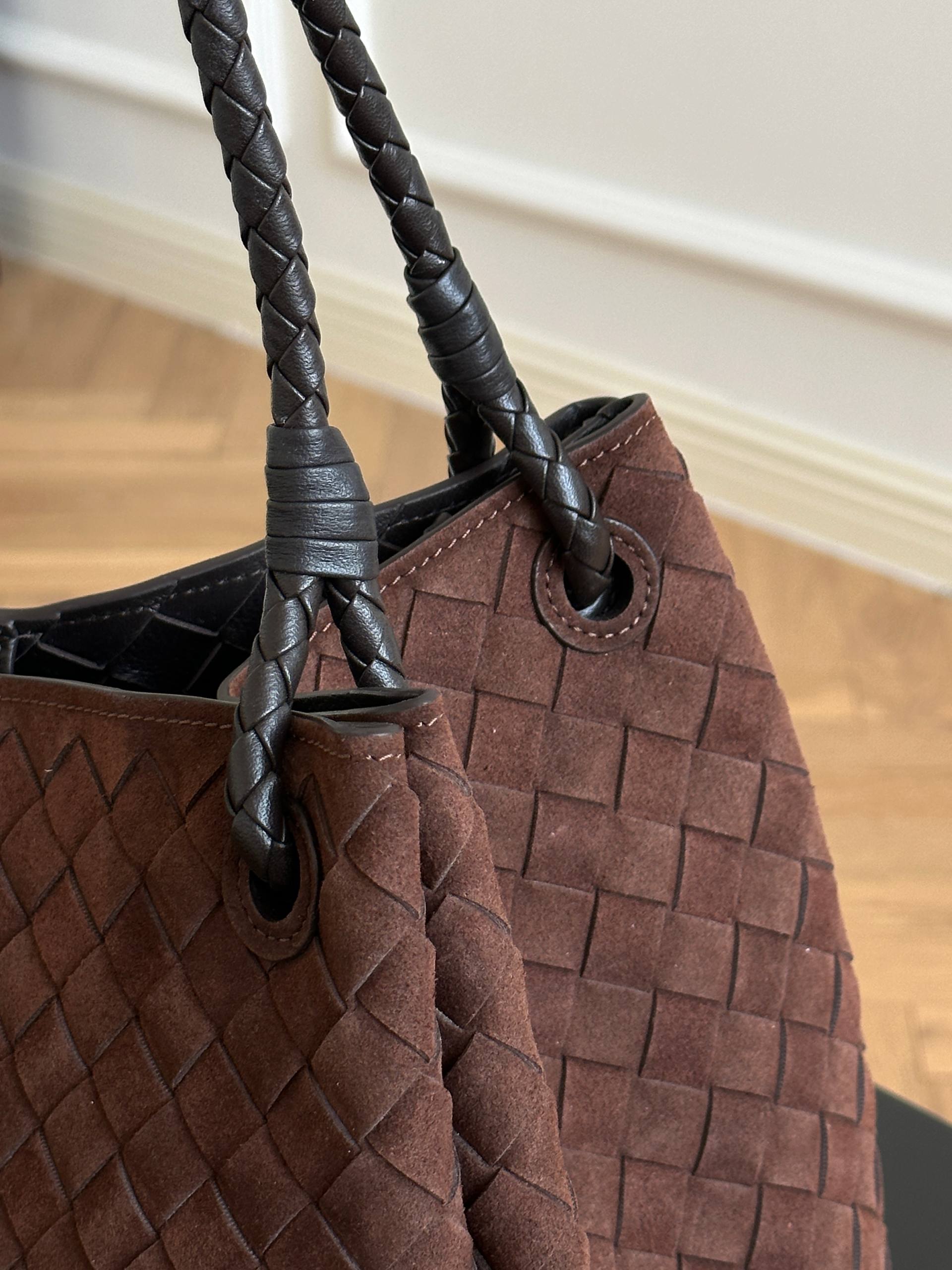 Bottega Veneta Dark Brown Suede Intrecciato Woven Knot Tote Bag