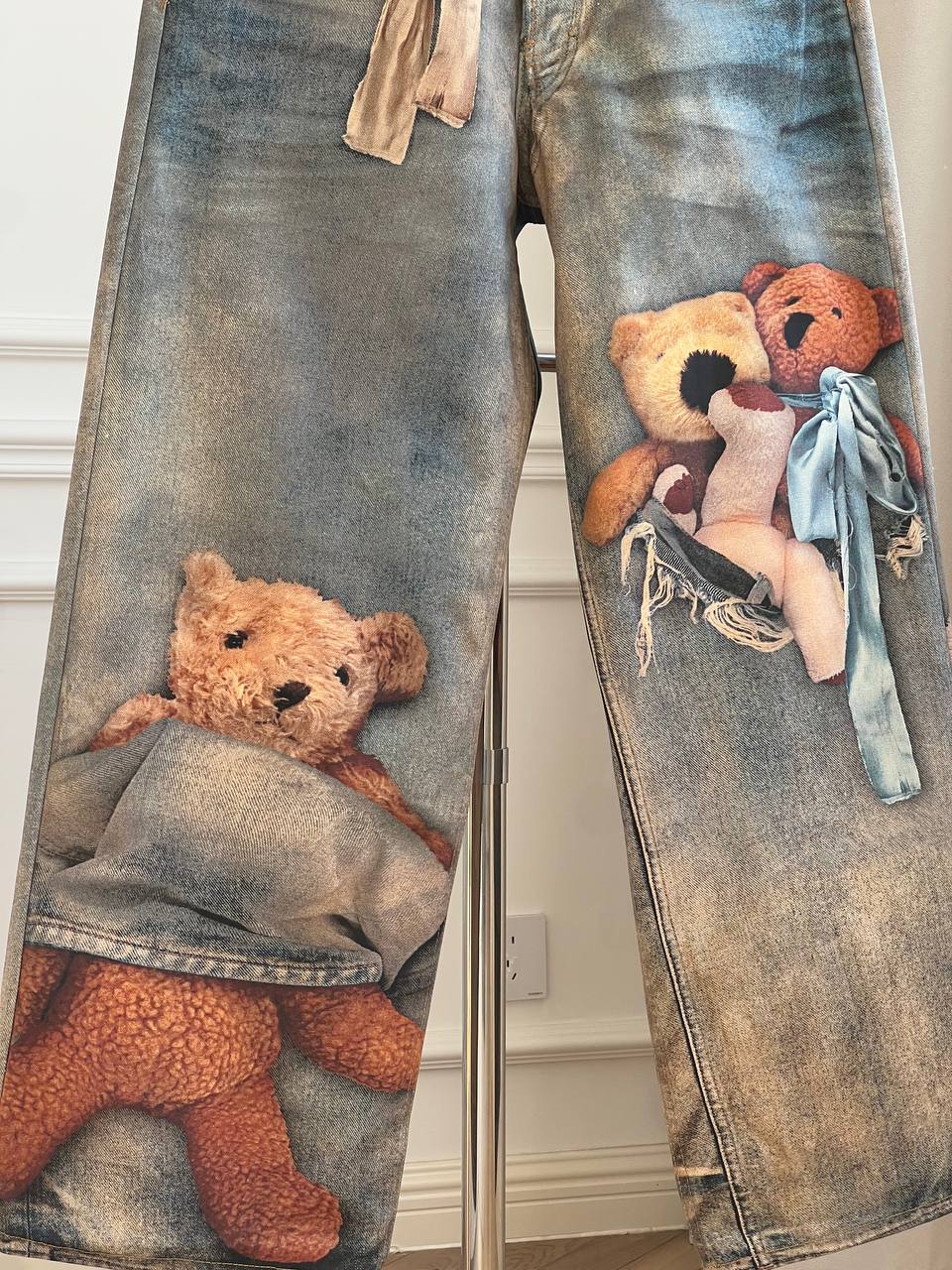 Acne Studios Teddy Bear Trompe-l'oeil Print Wide-Leg Denim Jeans