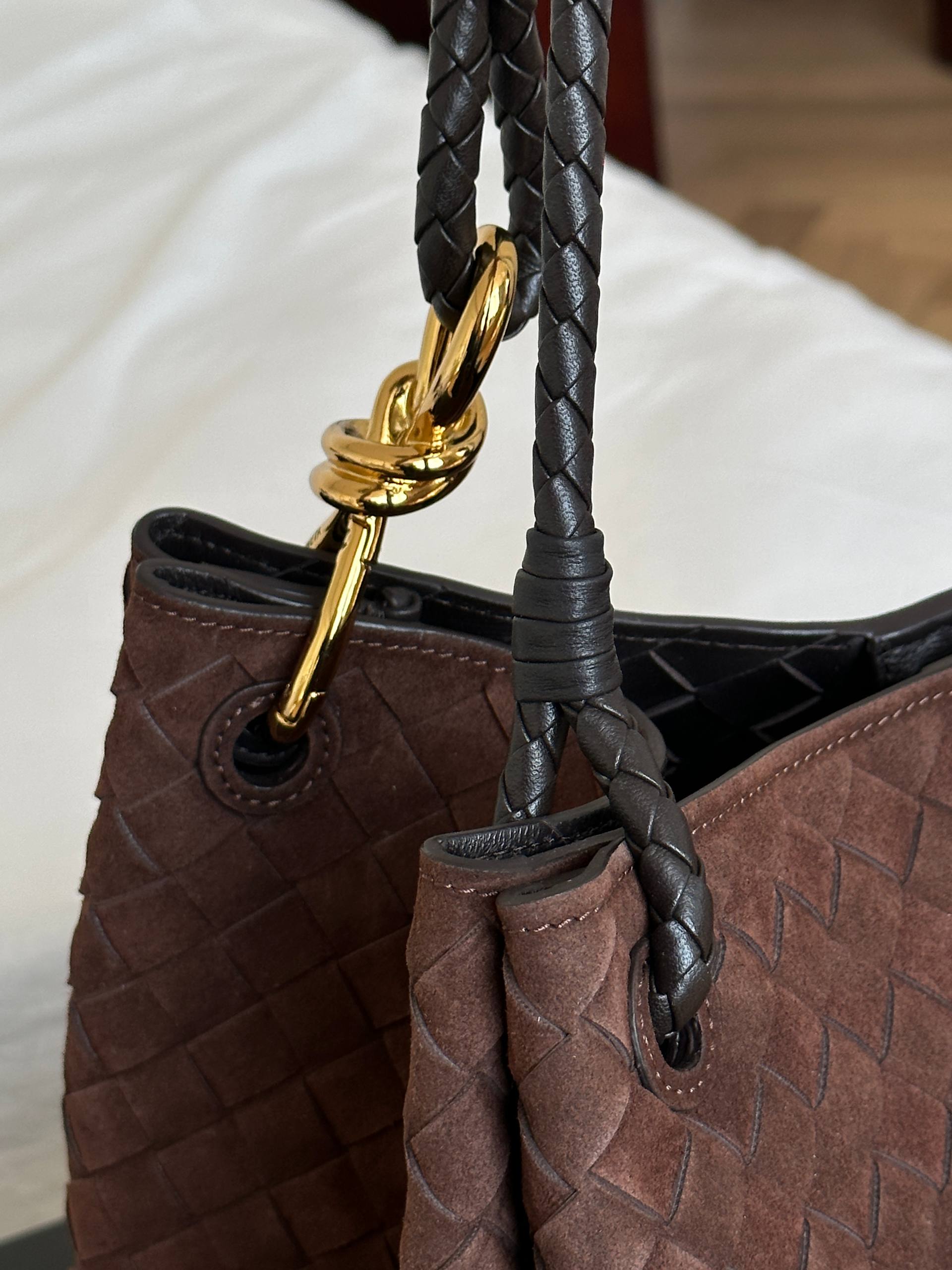 Bottega Veneta Dark Brown Suede Intrecciato Woven Knot Tote Bag