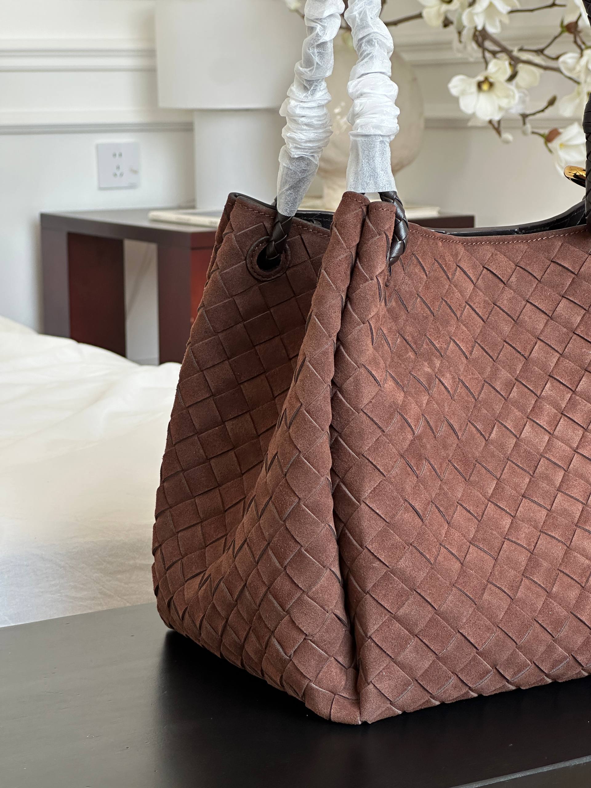 Bottega Veneta Dark Brown Suede Intrecciato Woven Knot Tote Bag