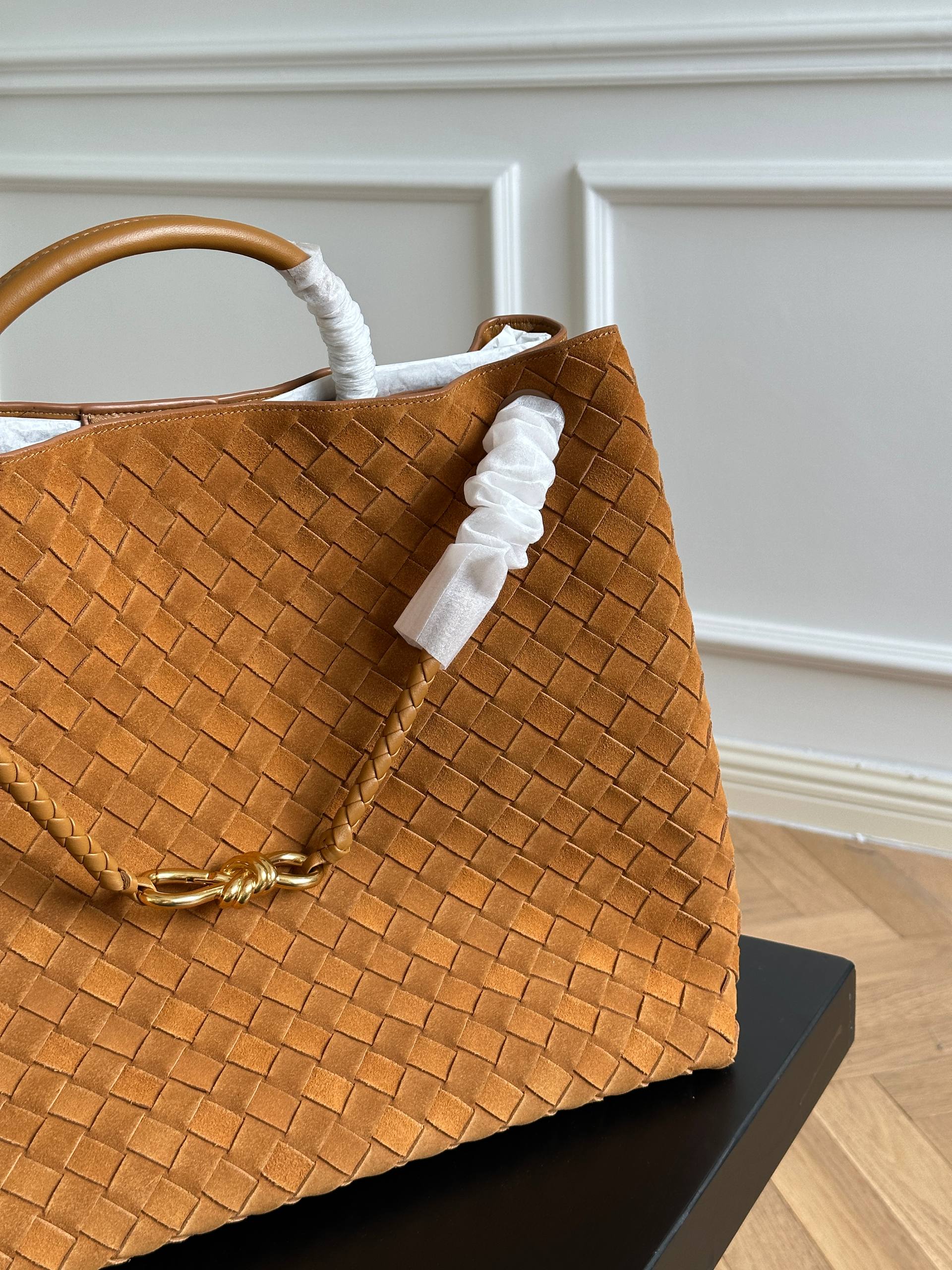 Bottega Veneta Caramel Suede Intrecciato Woven Andiamo Large Tote Bag