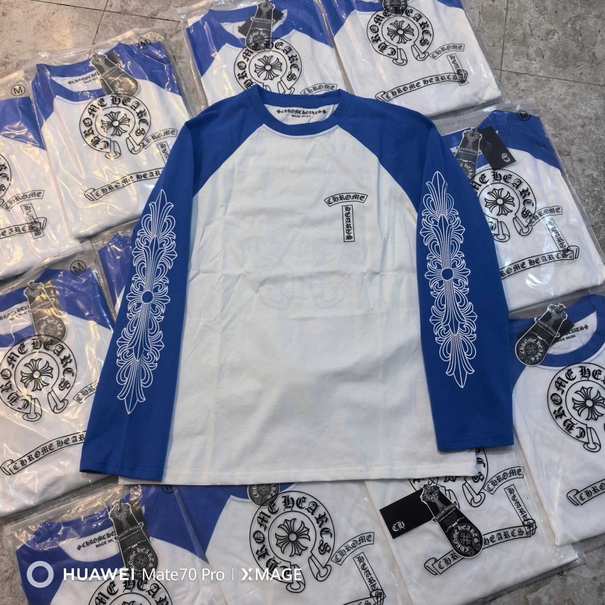 Chrome Hearts large logo Sanskrit blue and white color long-sleeved T-shirt