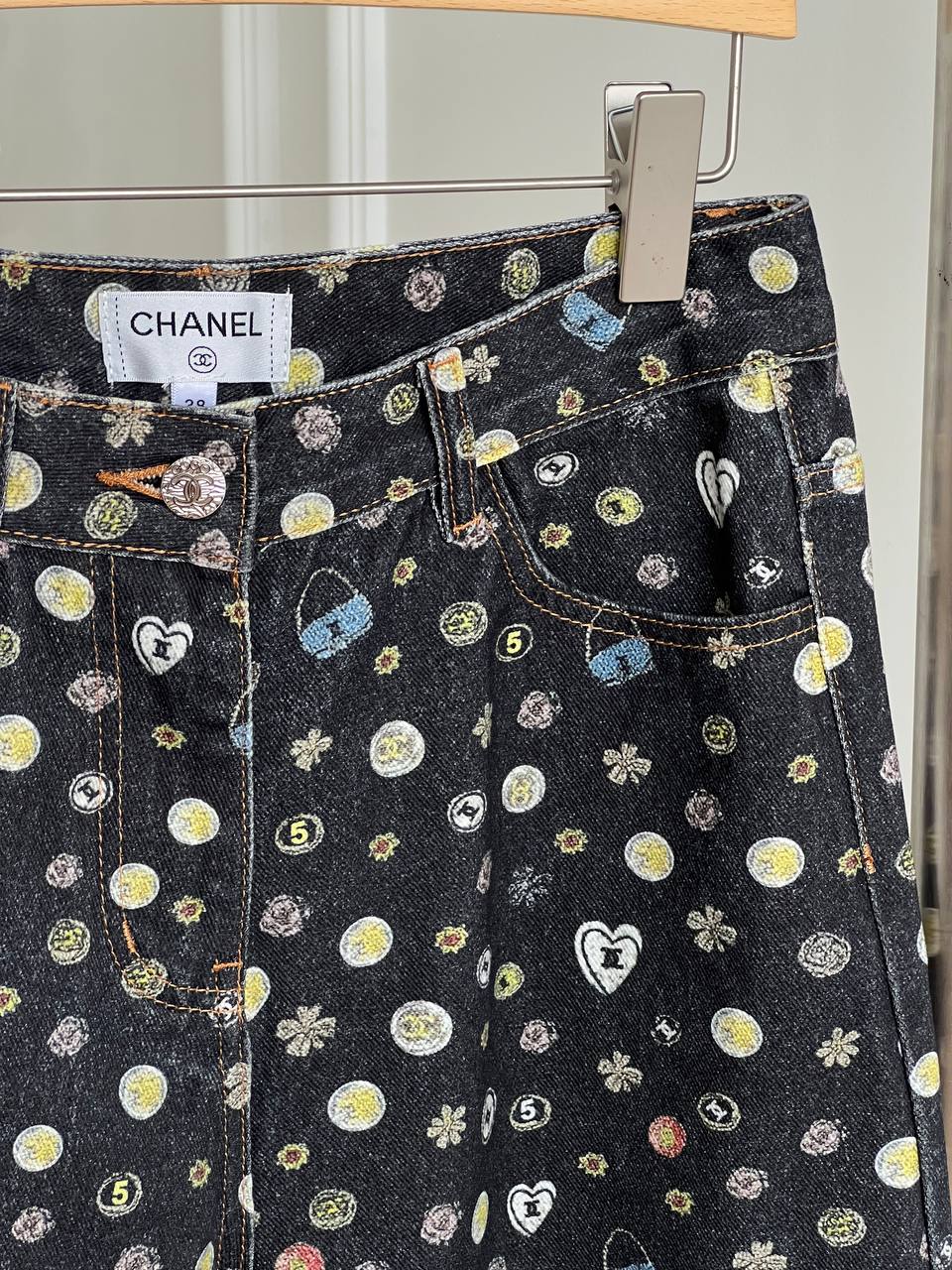 Chanel Dark Denim Playful Multi-pattern Printed Wide-Leg Jeans
