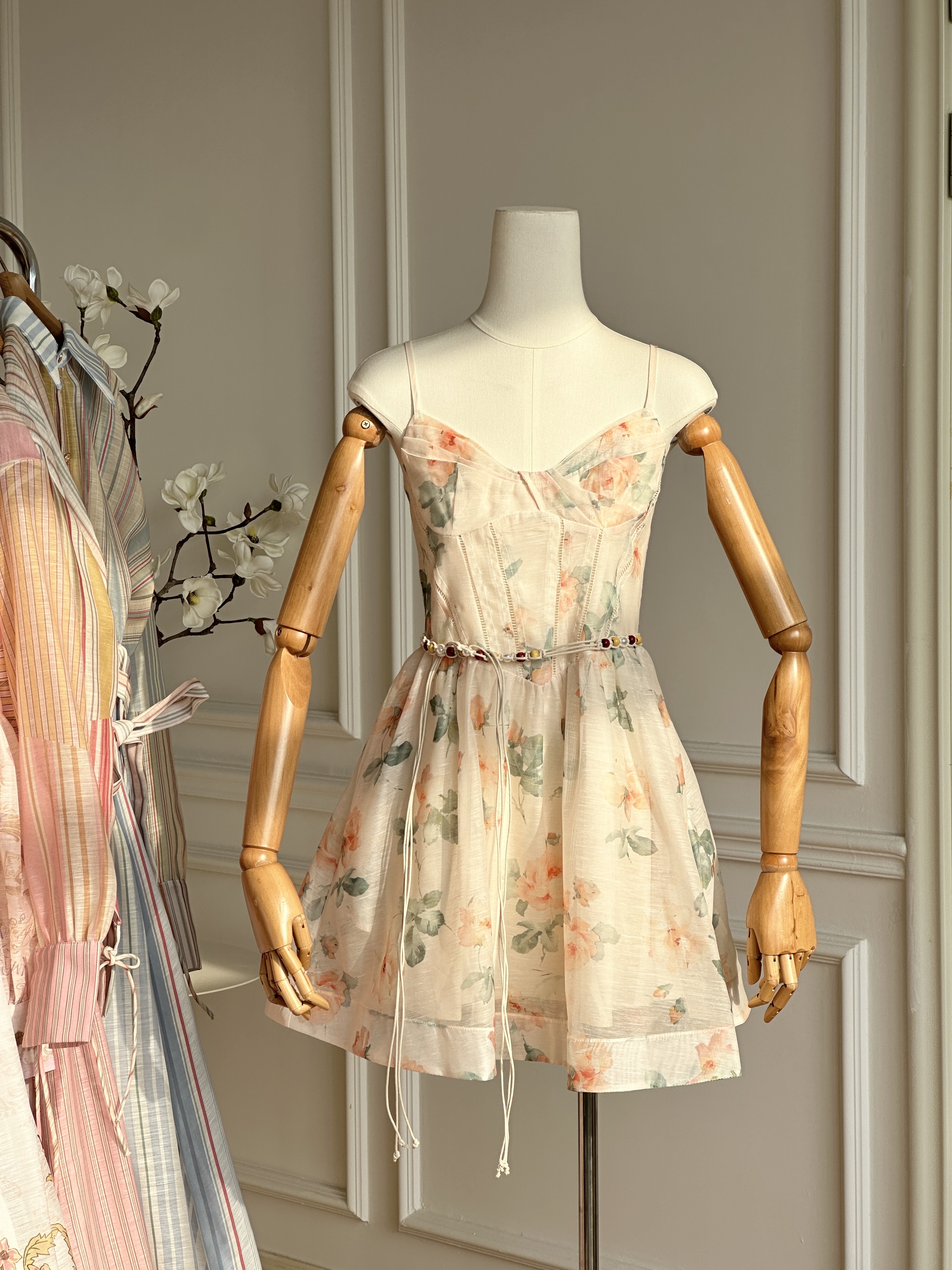 French Corset Boned Watercolor Rose Floral Spaghetti Strap Mini Dress