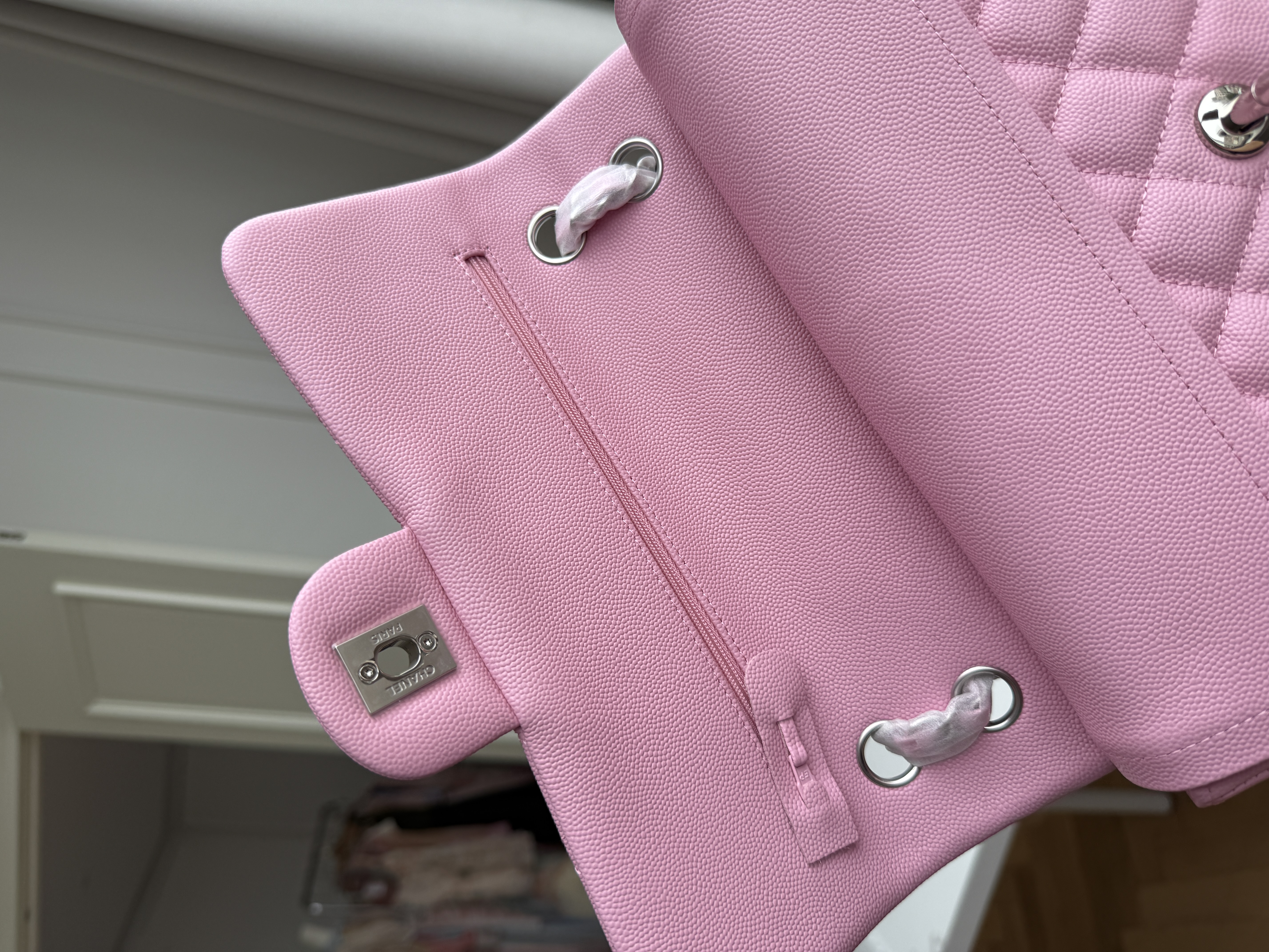 Chanel Sakura Pink Caviar Leather Medium Classic Flap Silver CC Chain Bag
