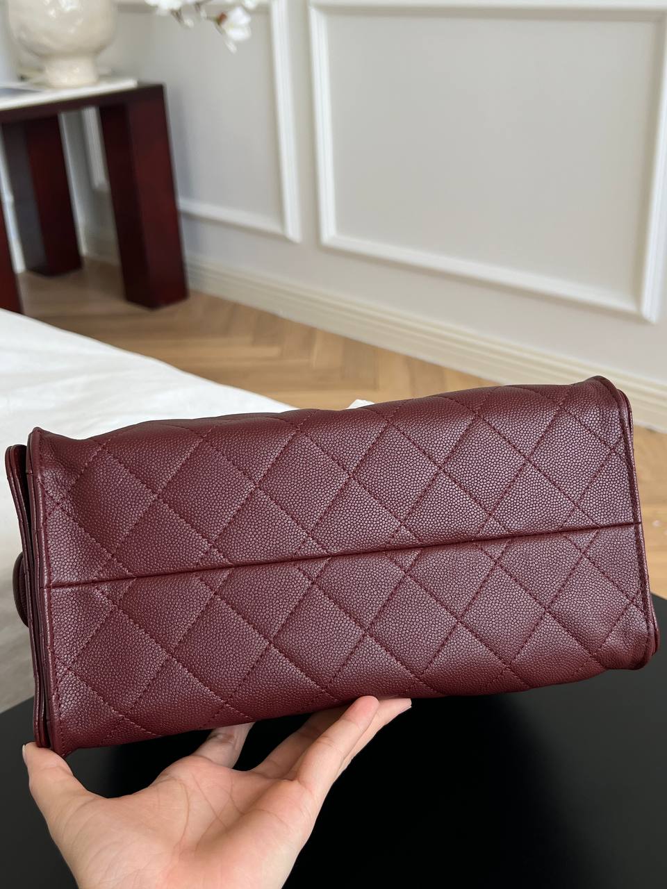 Chanel Burgundy Caviar Leather Quilted CC Drawstring Chain Tote Bag