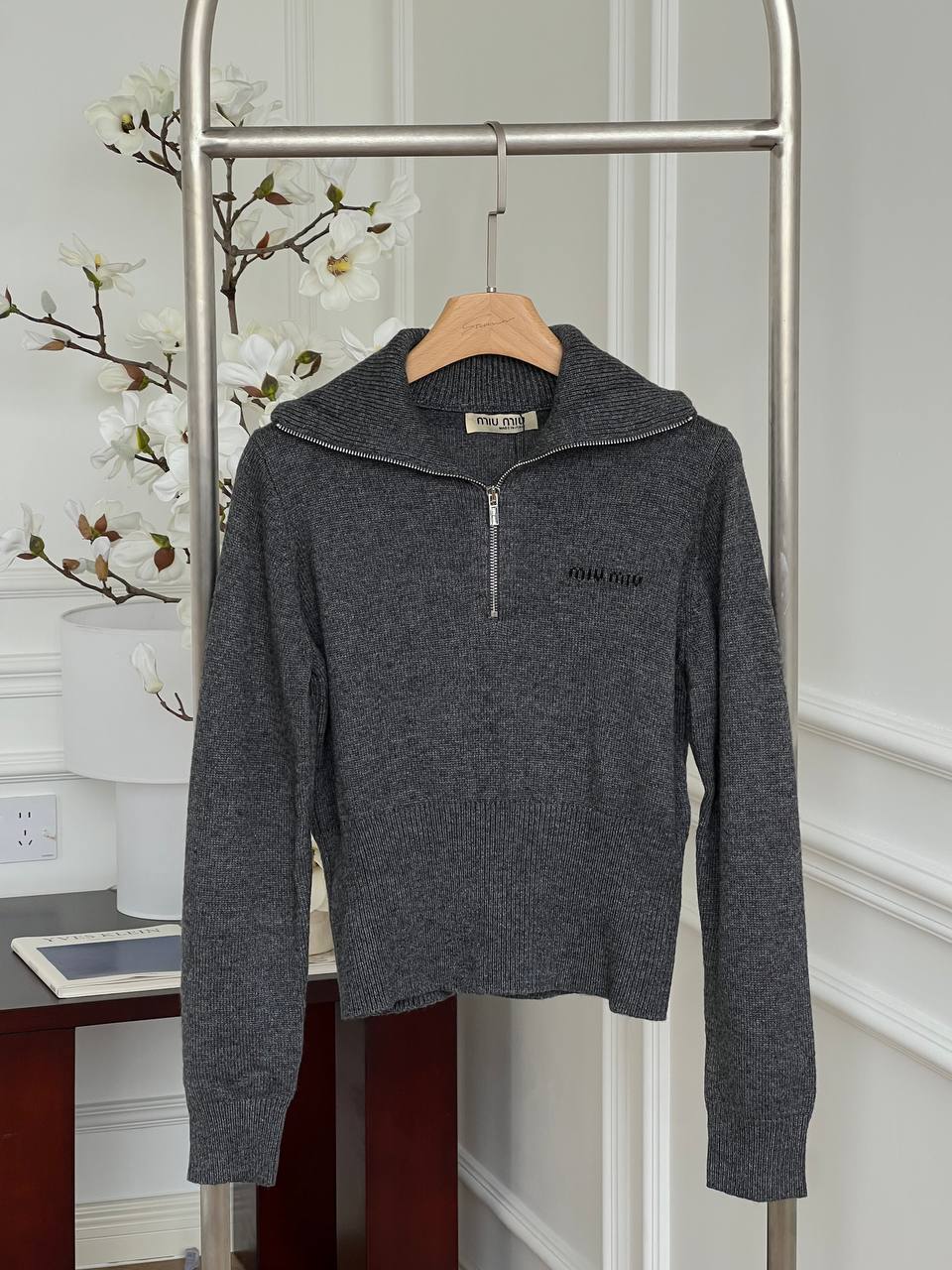 Miu Miu Dark Grey Half Zip Collar Cropped Knit Sweater