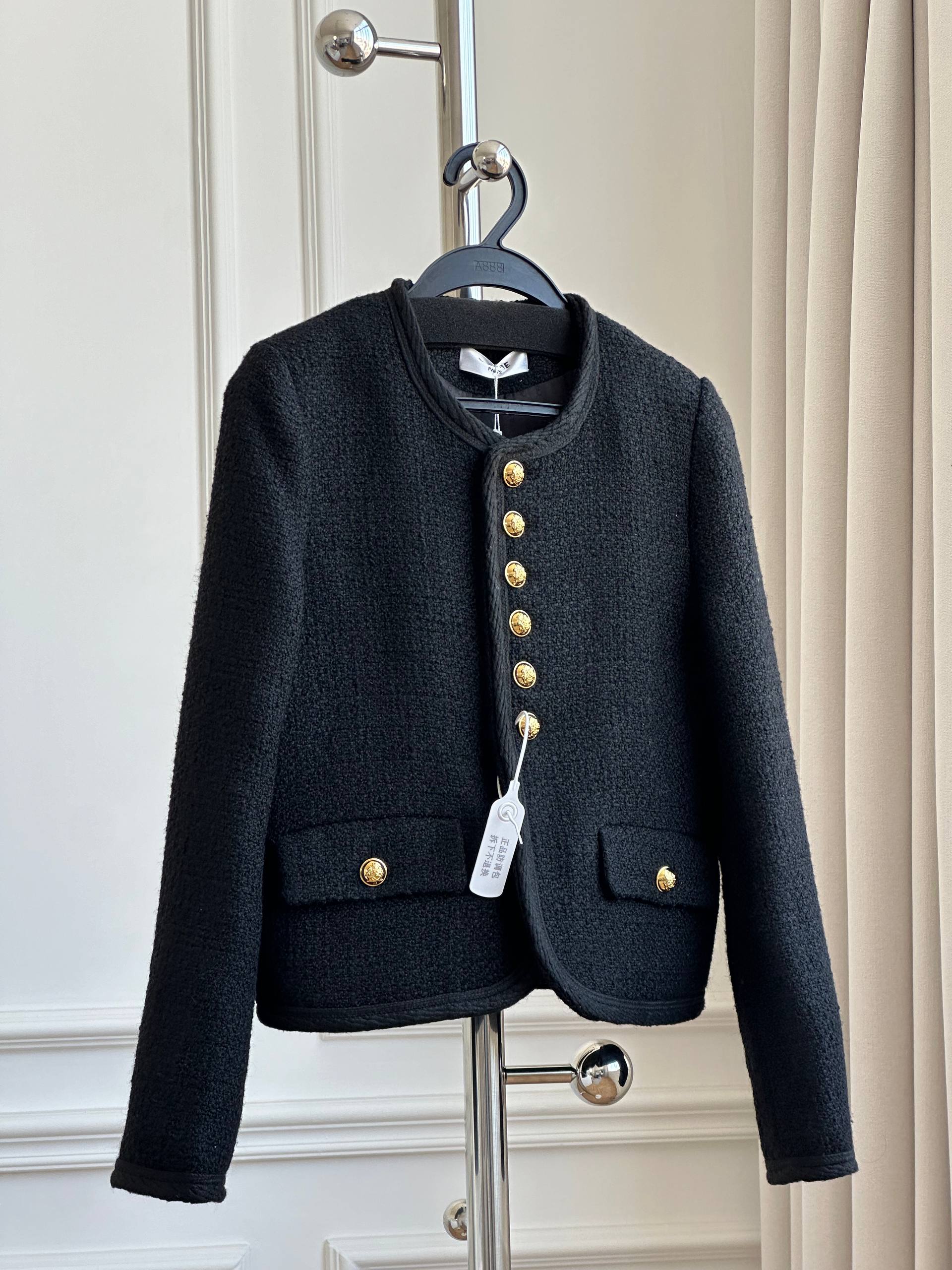 Black Tweed Short Jacket with Gold Buttons