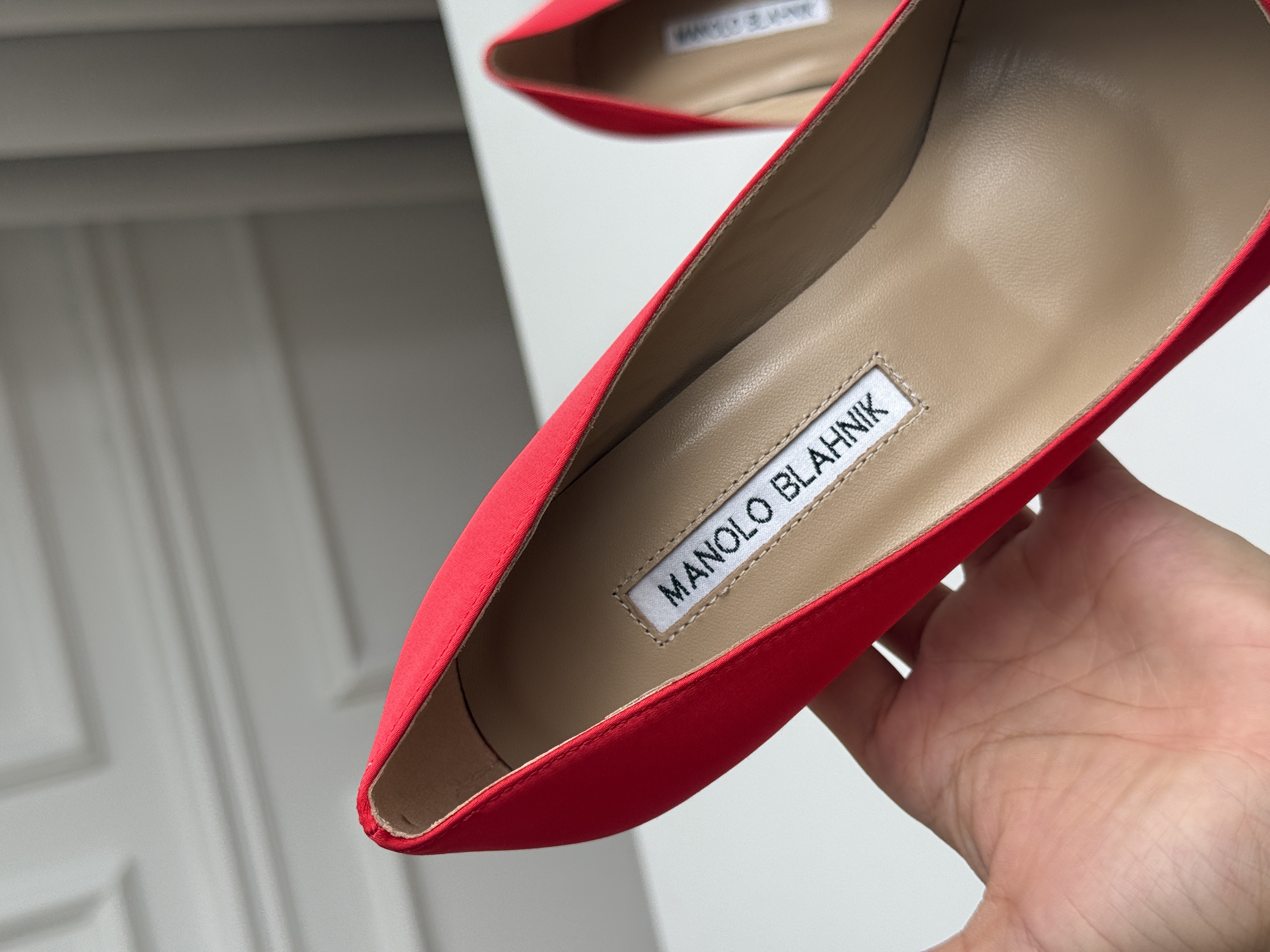 Manolo Blahnik Hangisi Red Satin Jewel Buckle Pumps