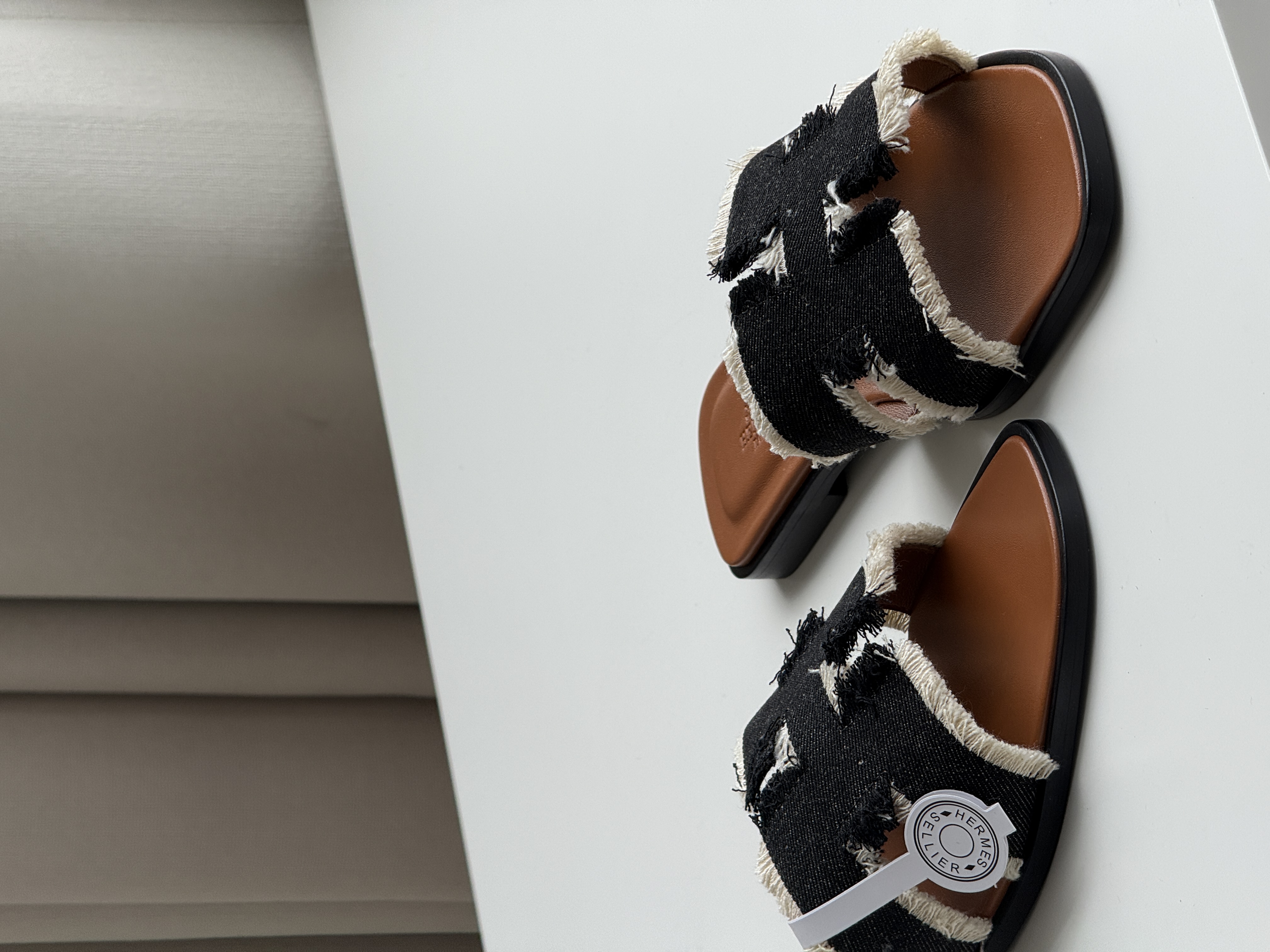 Hermès Black Fringe Denim H Cutout Flat Slide Sandals