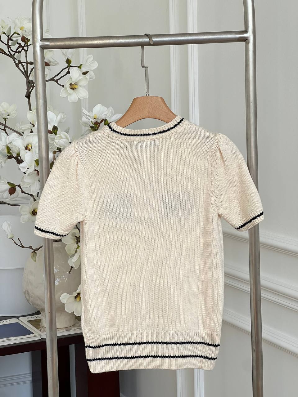 Dior Off-white Striped Christian Dior Letter & Star Jacquard Short Sleeve Knit Top