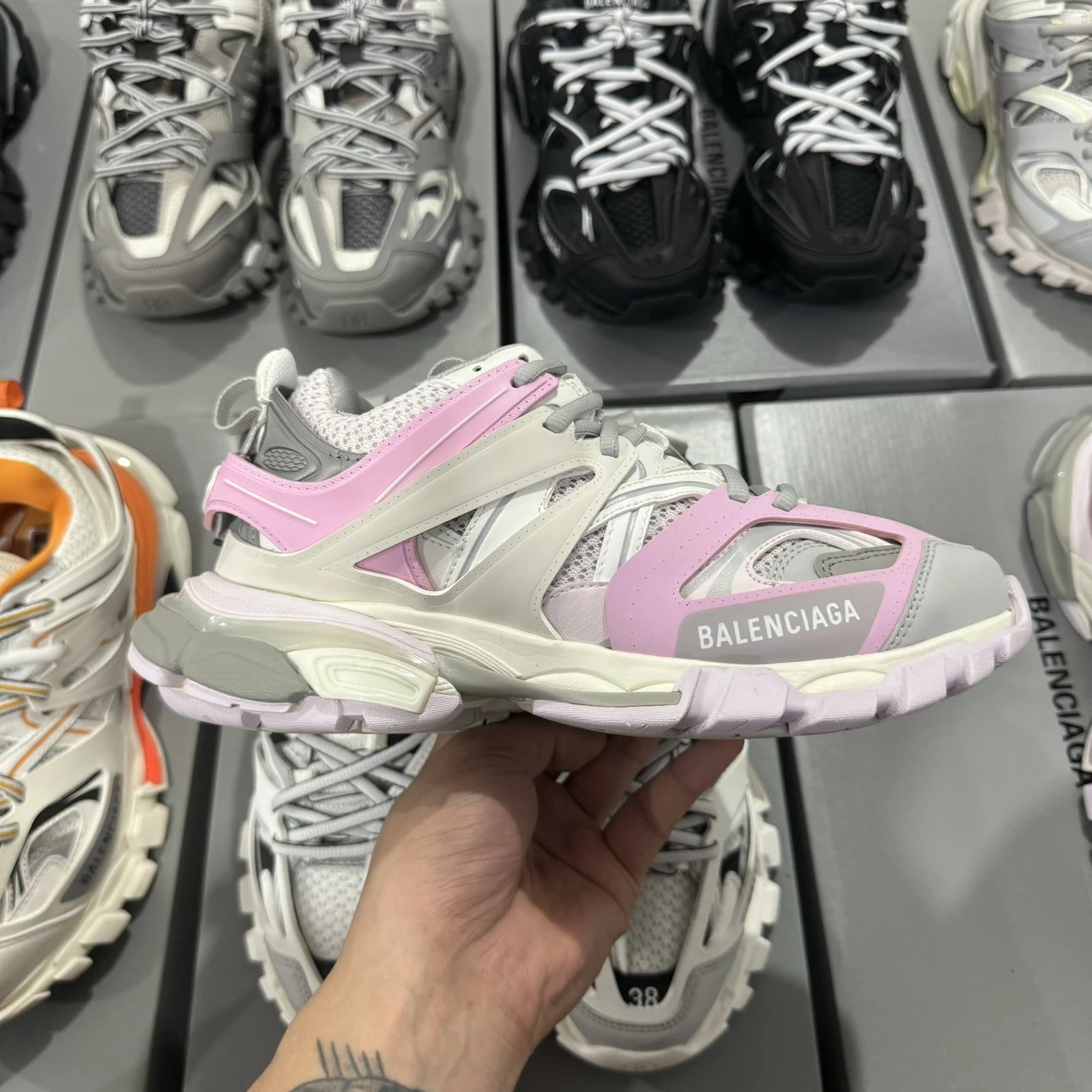 LED 1:1 Best Quality Balenciaga Track Shoes Pink & Grey