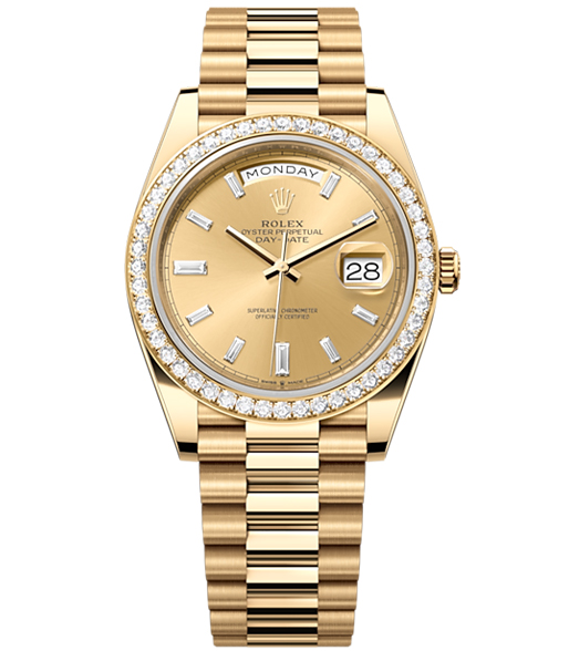 Rolex Day-Date 40 Presidential, Yellow gold, Champagne dial, Diamond Bezel, President bracelet,【1:1 Replica】