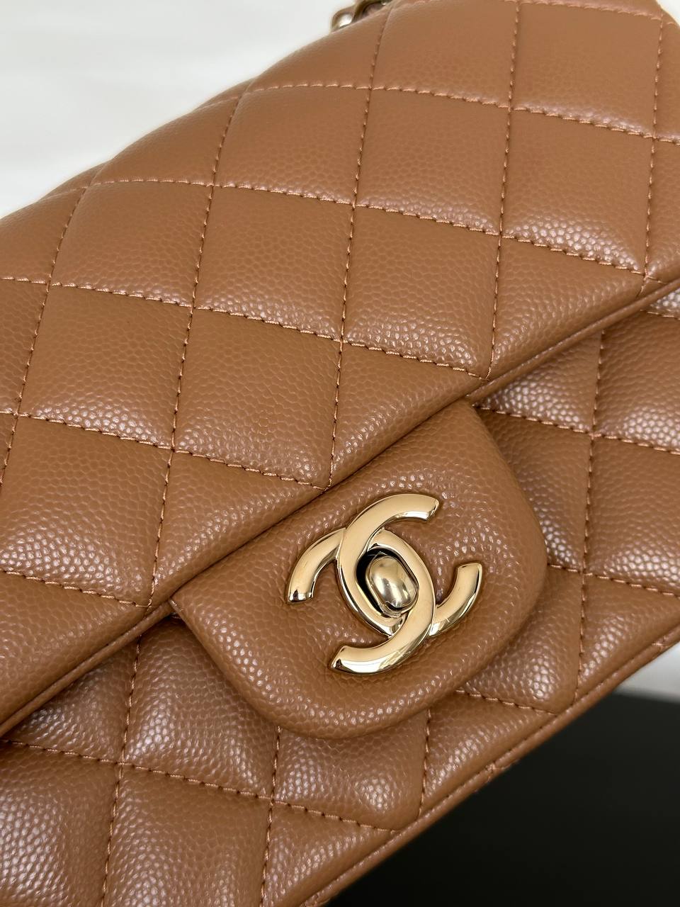 Chanel Milk Tea Caviar Leather Classic Flap Medium Light Gold Hardware Bag