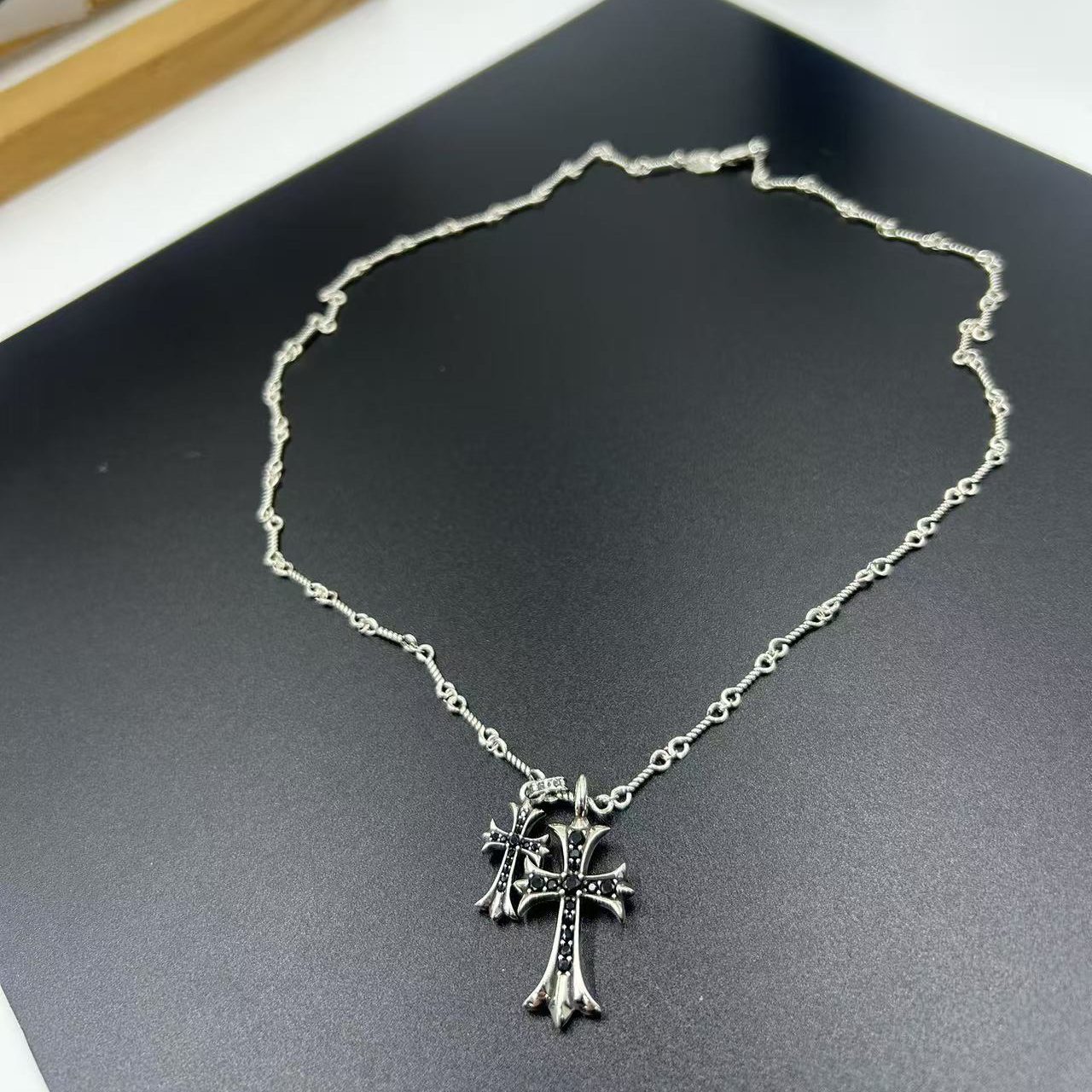 CHROME HEARTS BLACK DIAMOND DOUBLE CROSS LAYERED NECKLACE