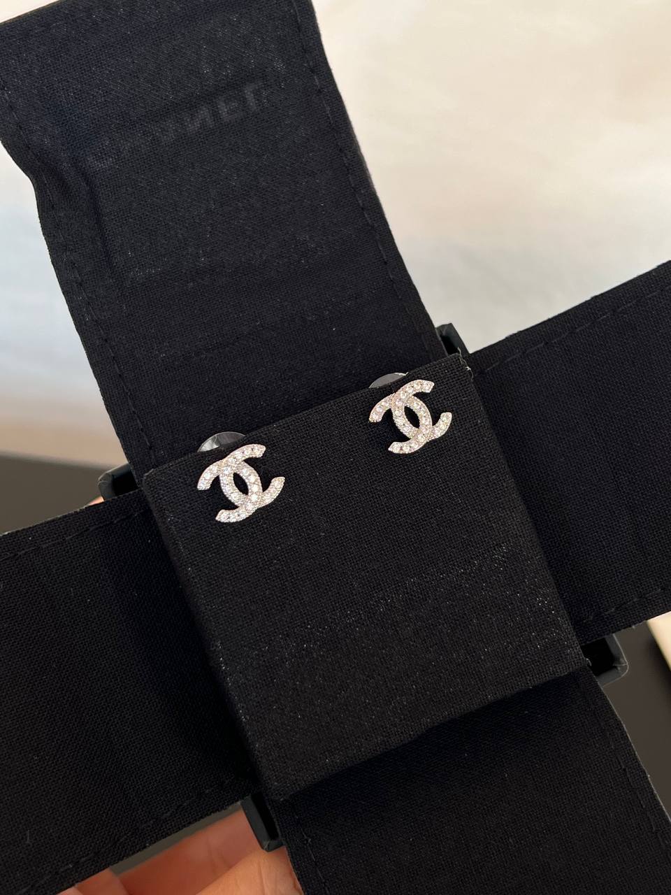 CHANEL Silver-Tone Crystal Interlocking CC Stud Earrings