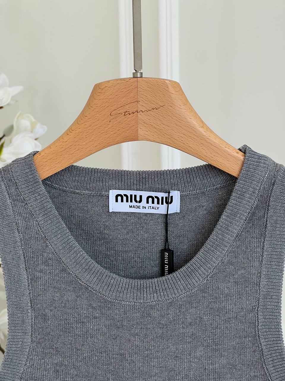 Miu Miu Grey Ribbed Rhinestone Letter Logo Crew Neck Knit Tank Top