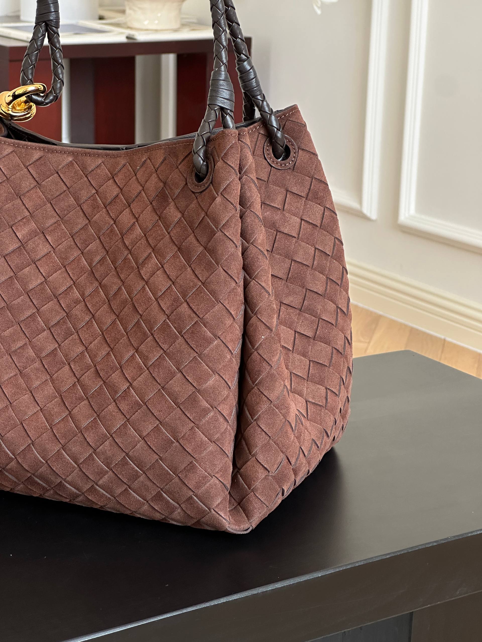 Bottega Veneta Dark Brown Suede Intrecciato Woven Knot Tote Bag