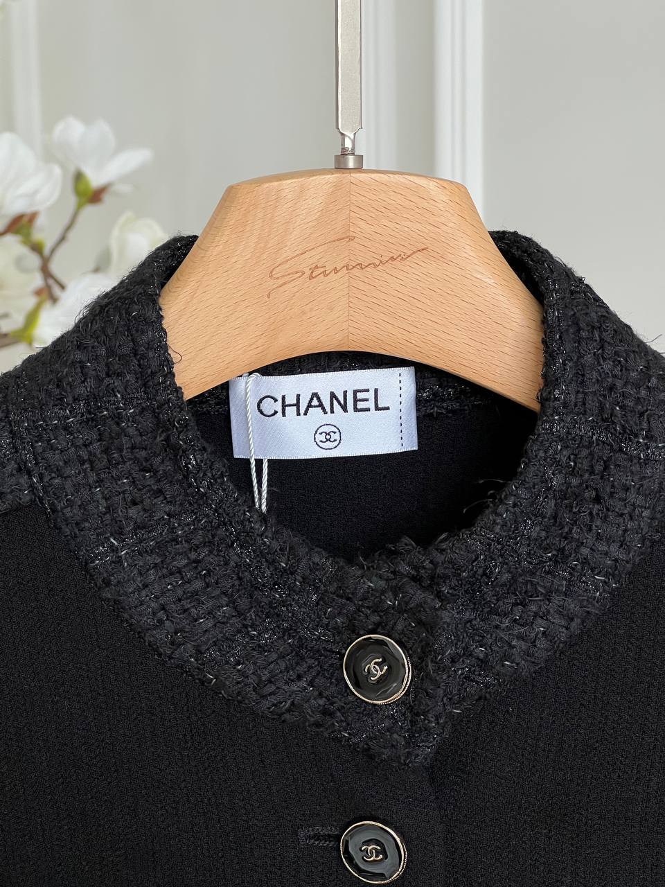 Chanel Black Woven Fabric Jacket With Tweed Splicing, Stand Collar, Four Pockets & Metal Buttons