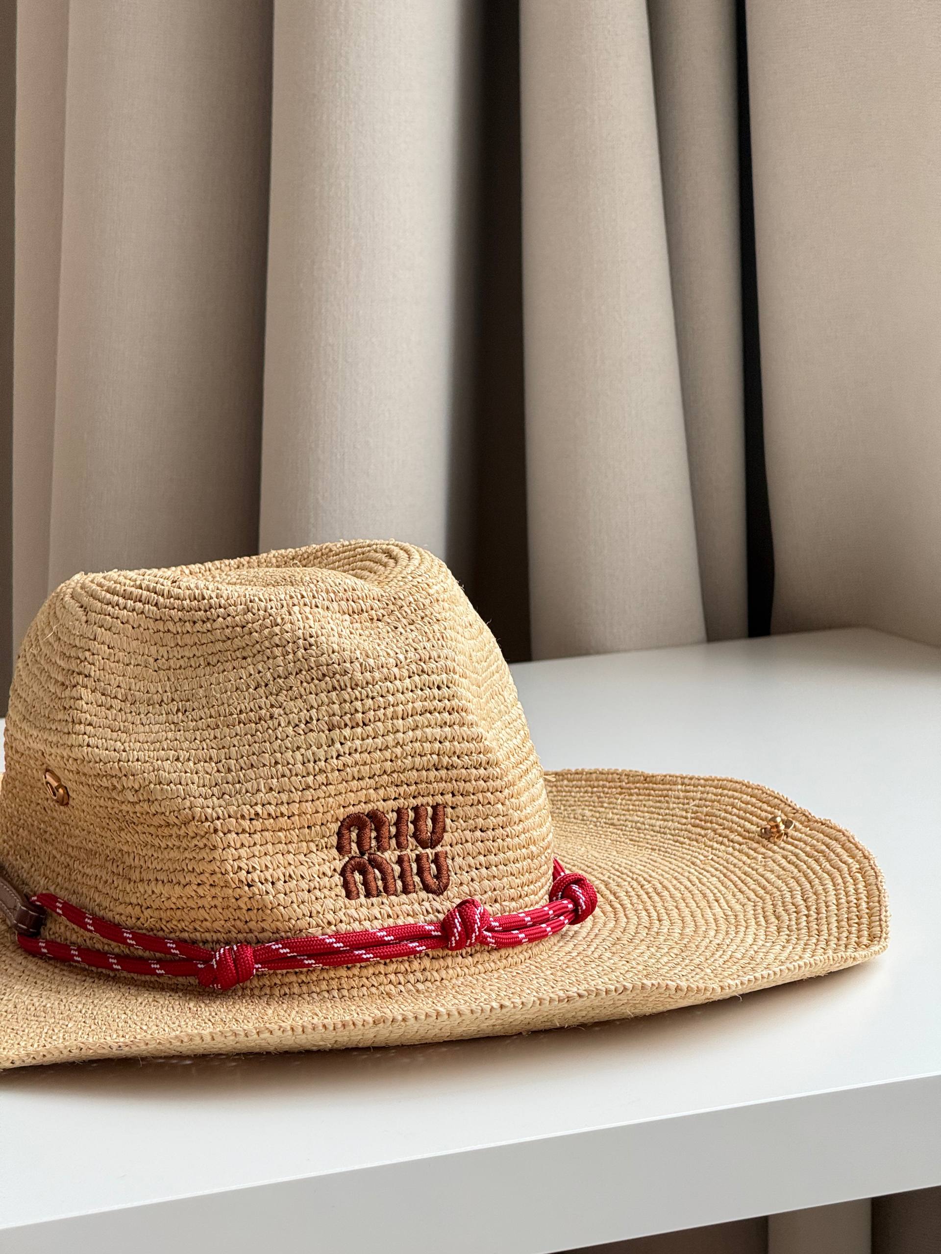 Miu Miu Raffia Woven Cowboy-Style Wide-Brim Straw Hat